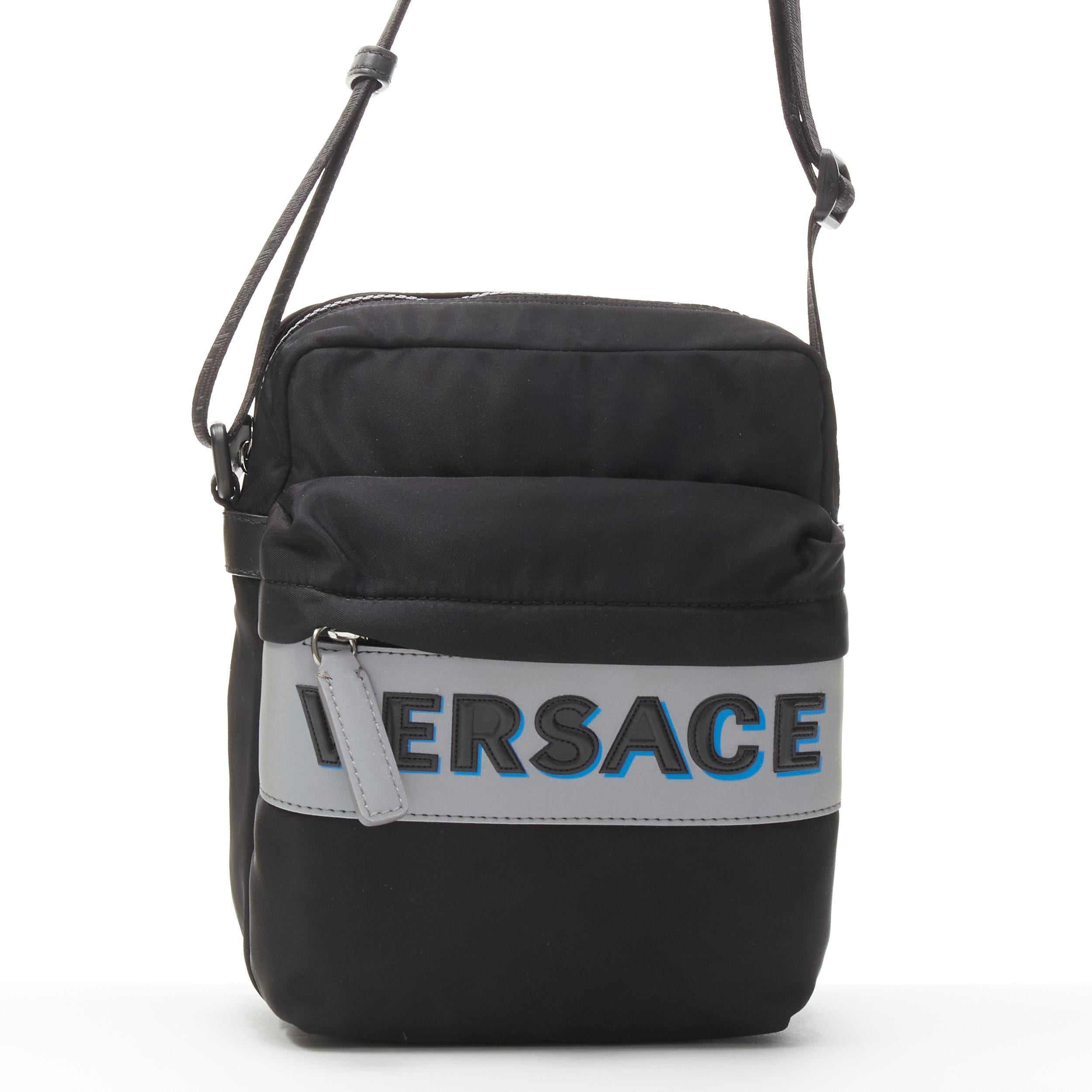 Black new VERSACE reflective logo black nylon Greca strap crossbody messenger bag