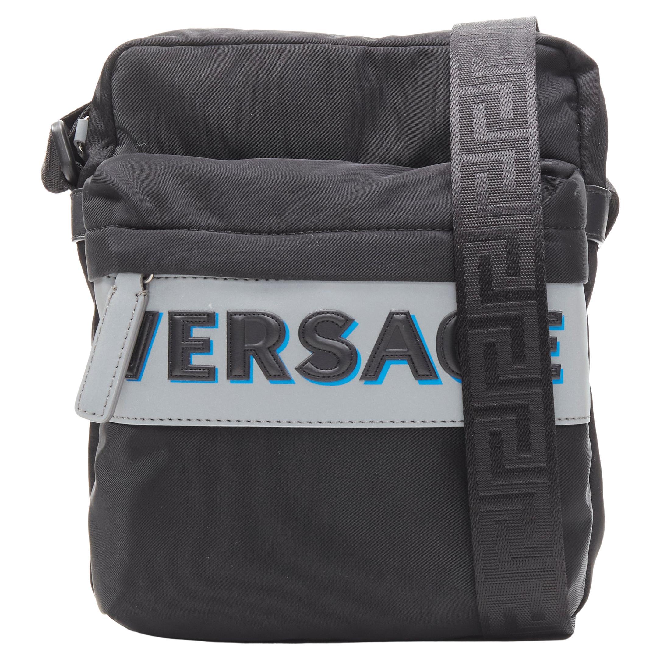 new VERSACE reflective logo black nylon Greca strap crossbody messenger bag  at 1stDibs