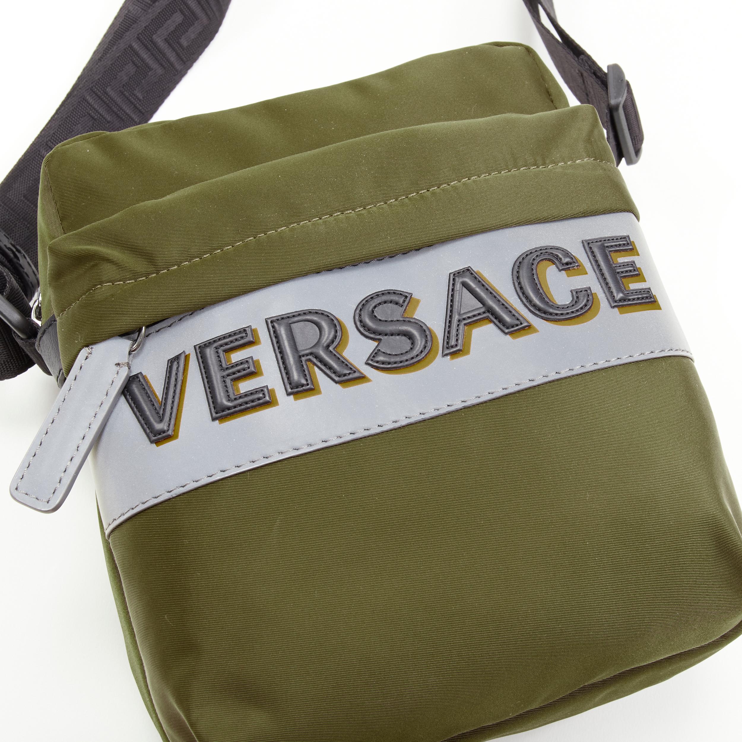 Black new VERSACE reflective logo green nylon Greca strap crossbody messenger bag For Sale