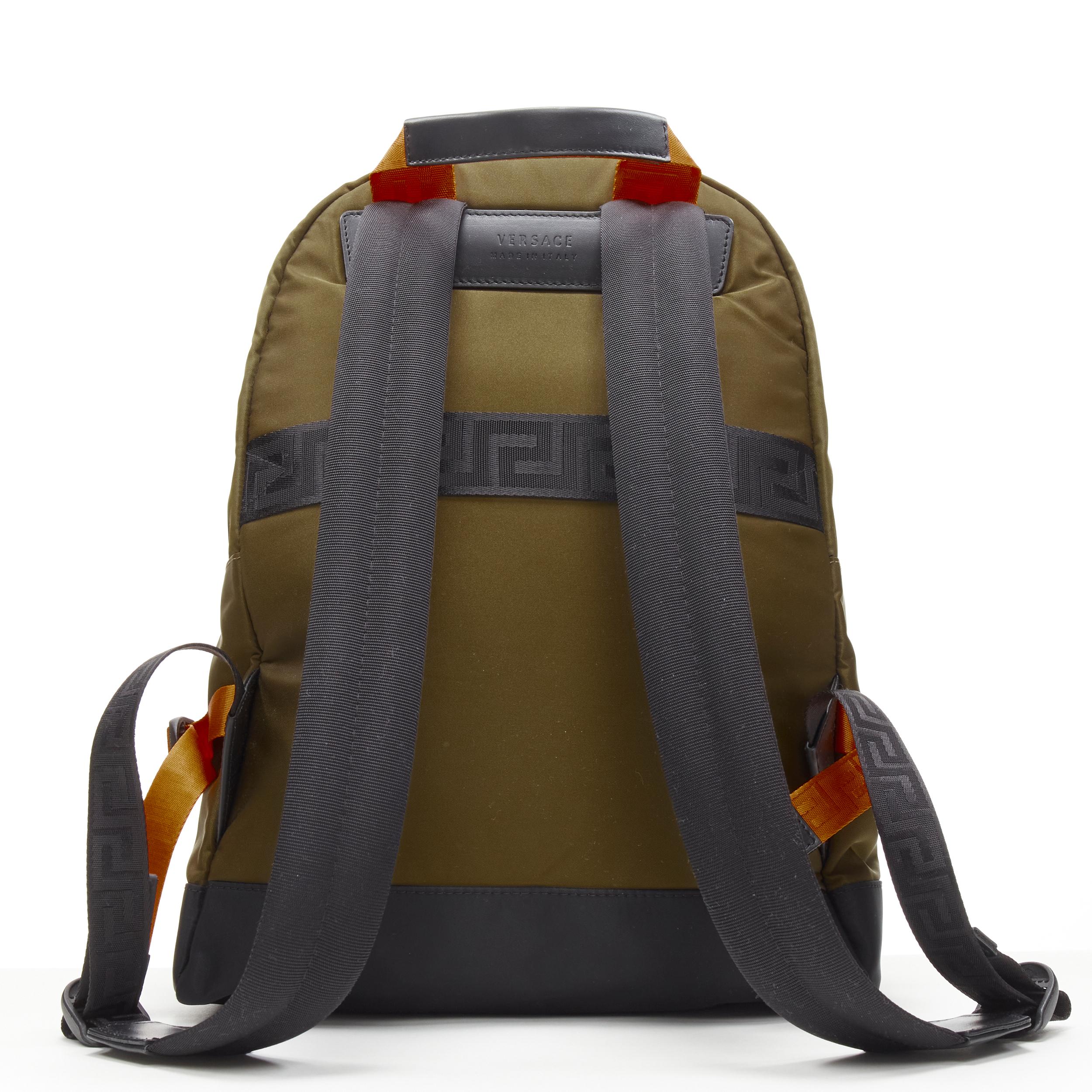 Brown new VERSACE Reflective Logo green nylon orange Greca strap backpack