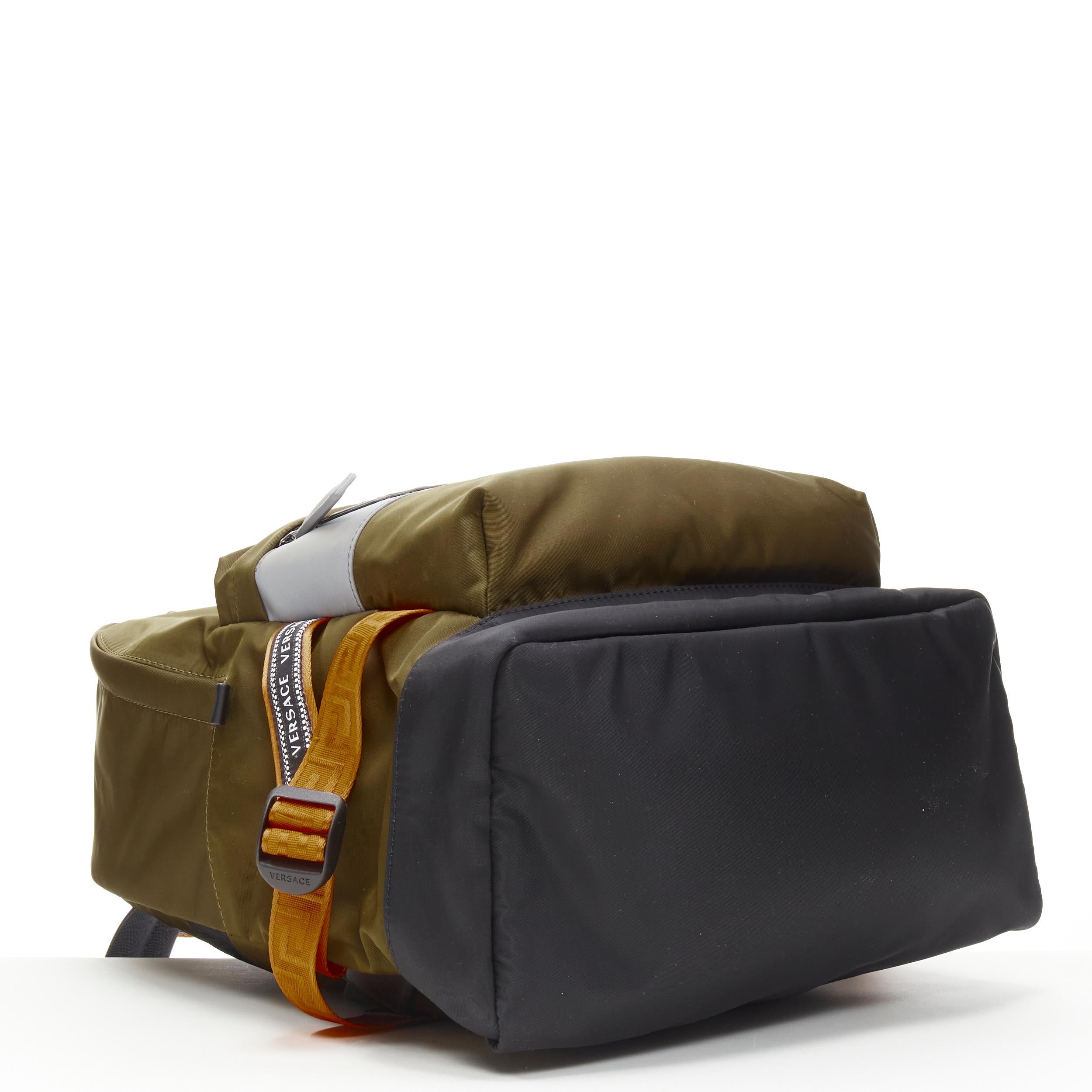 Brown new VERSACE Reflective Logo green nylon orange Greca strap backpack