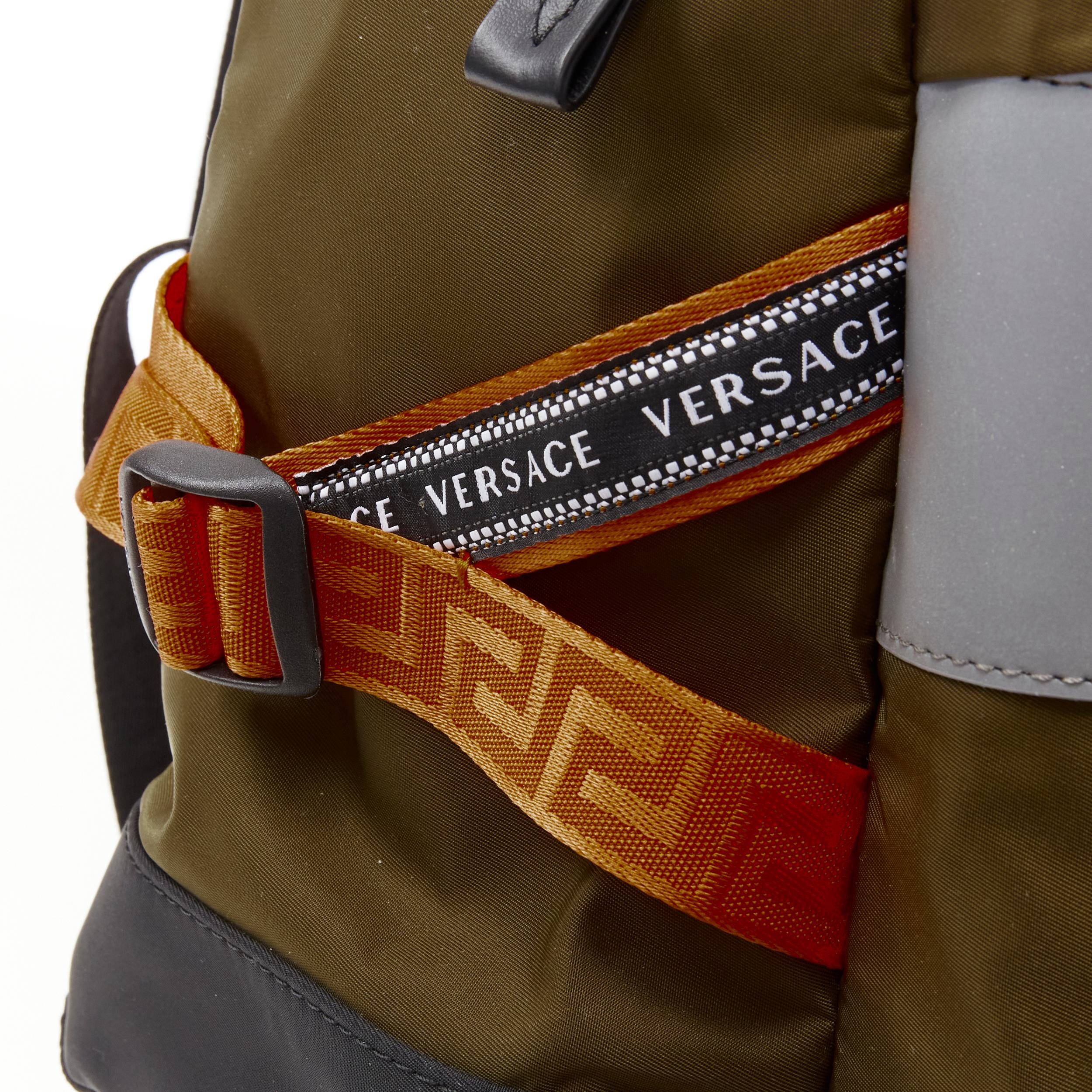 Men's new VERSACE Reflective Logo green nylon orange Greca strap backpack