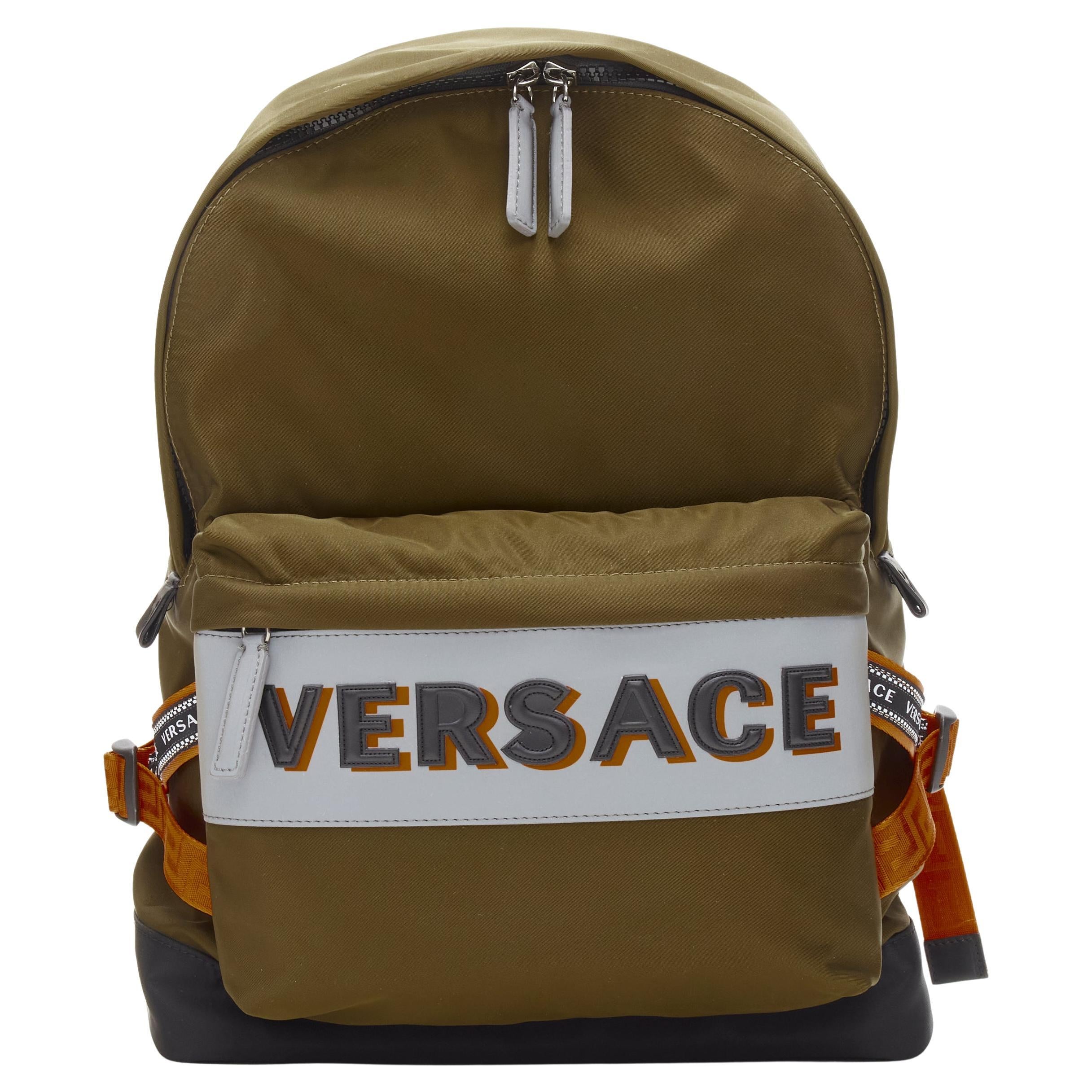 new VERSACE Reflective Logo green nylon orange Greca strap backpack