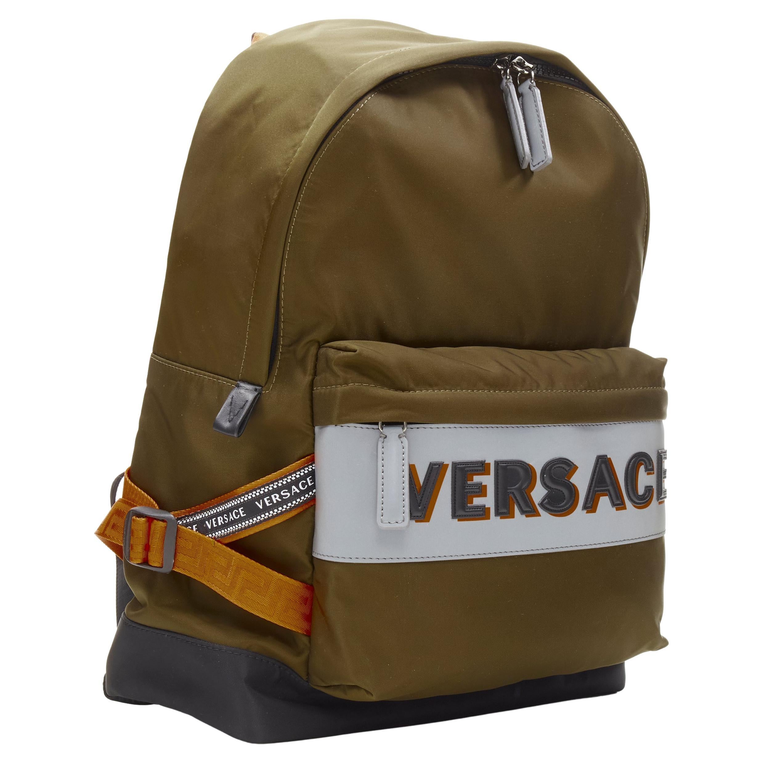 new VERSACE Reflective Logo green nylon orange Greca strap backpack