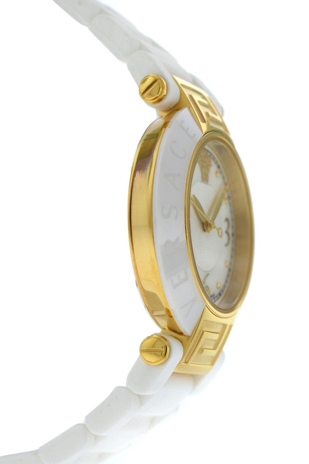 Modern New Versace Reve Ceramic Quartz Gold Tone Steel Mother of Pearl Watch For Sale