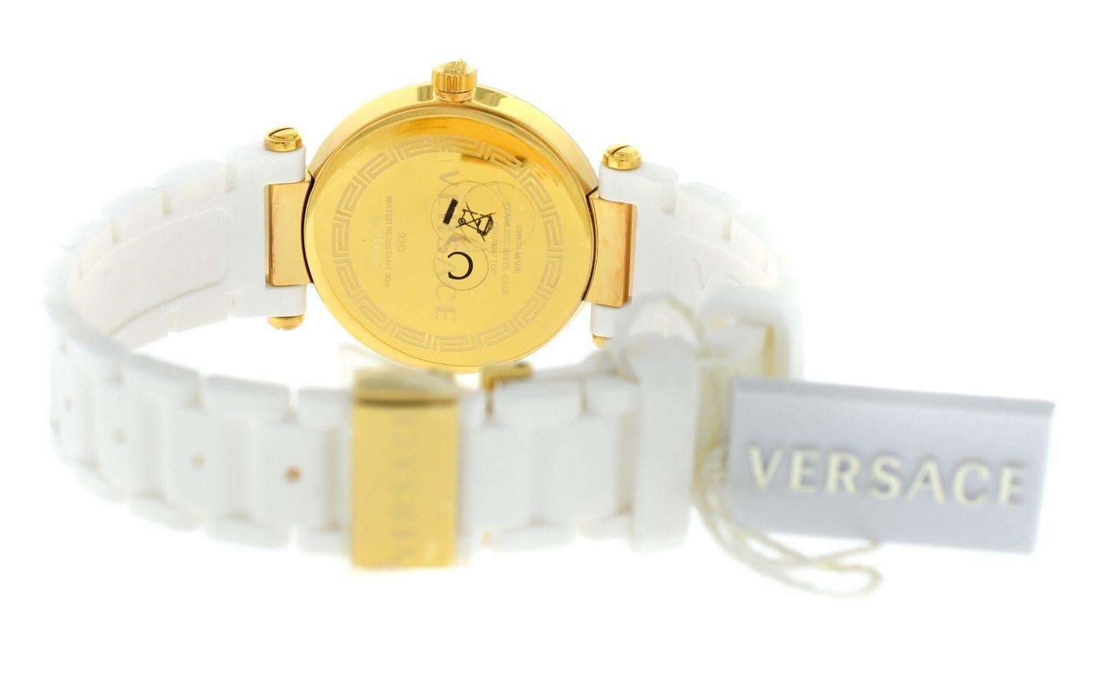 Women's New Versace Reve Ceramic Quartz Gold Tone Steel Mother of Pearl Watch For Sale