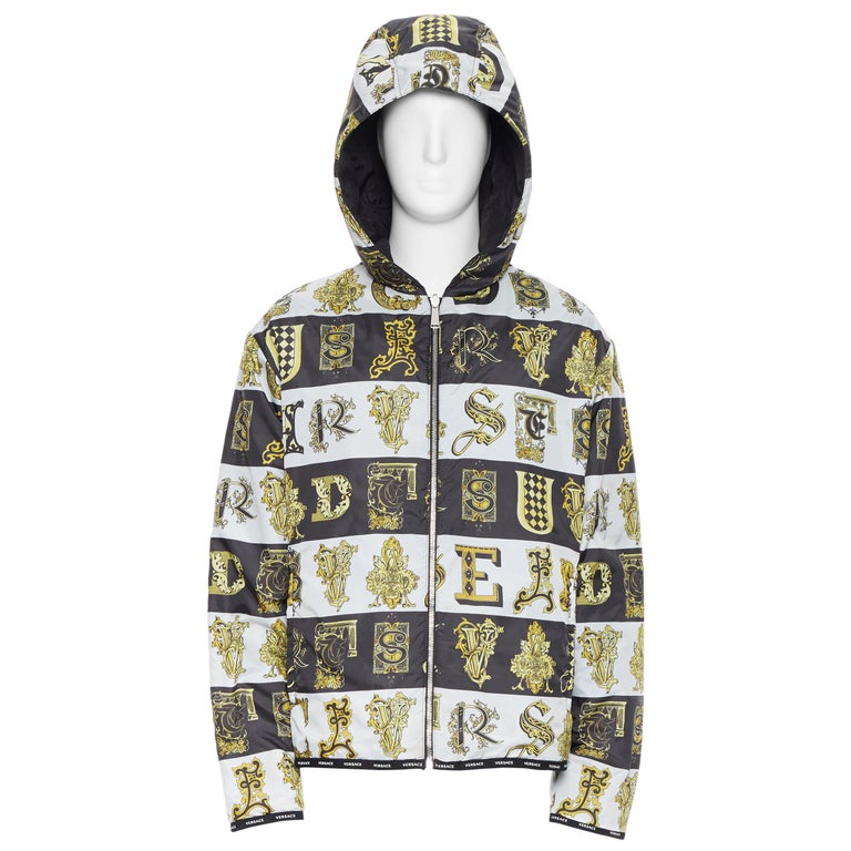 new VERSACE Reversible Baroque Alphabet black gold print quilted jacket  IT54 2XL For Sale at 1stDibs