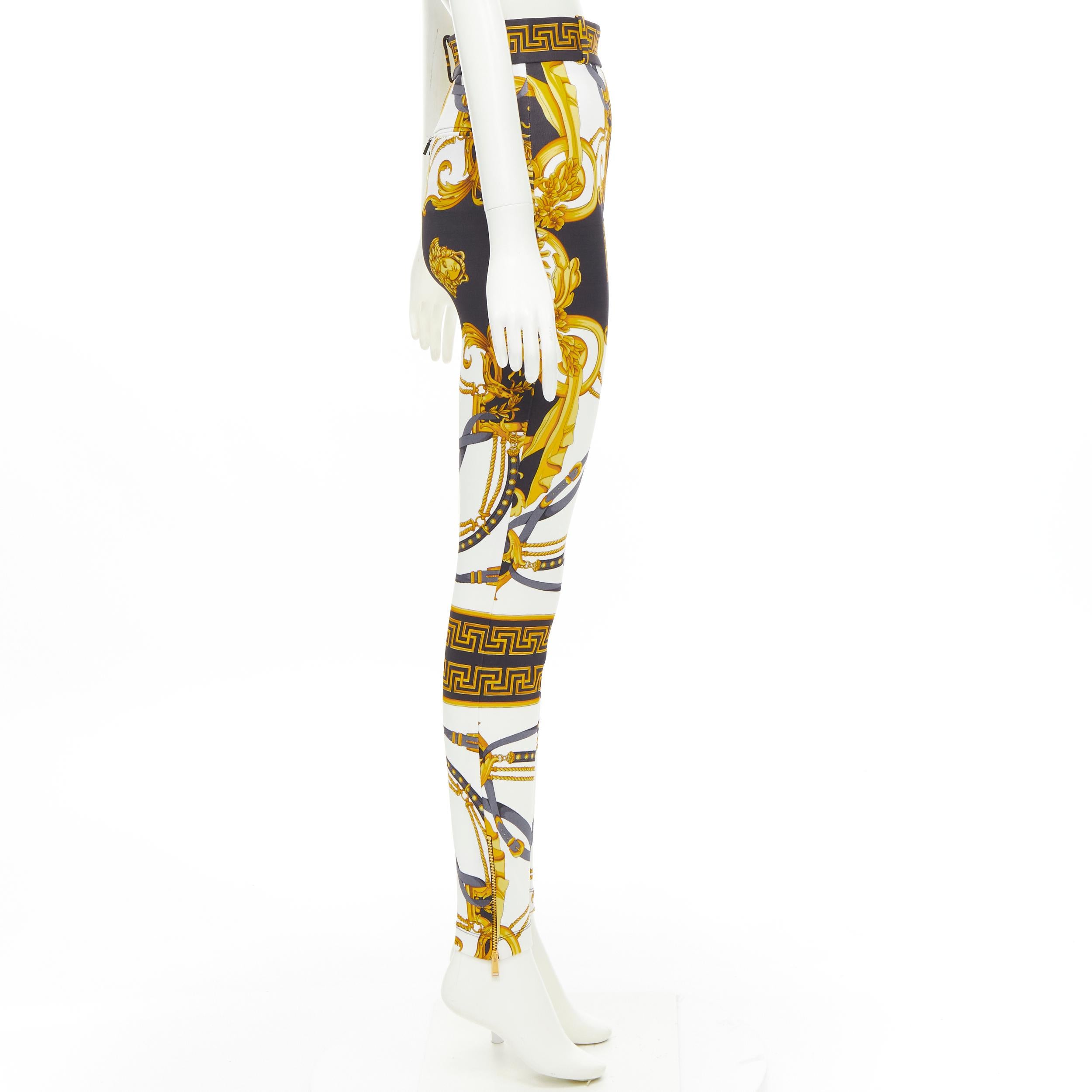 White new VERSACE Rodeo Barocco black gold baroque harness legging pants IT36 XXS For Sale