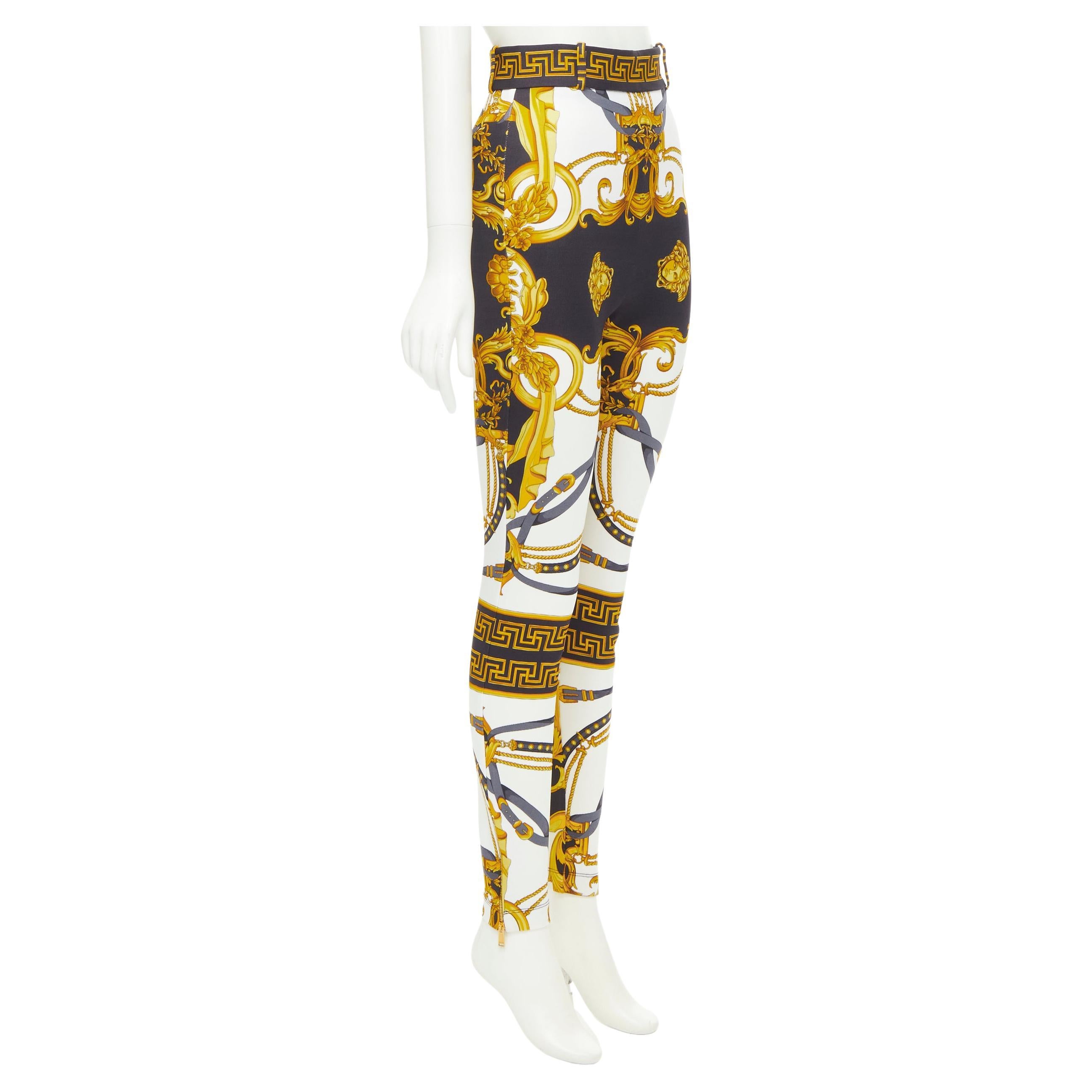 new VERSACE Rodeo Barocco black gold baroque harness legging pants M IT42 For Sale