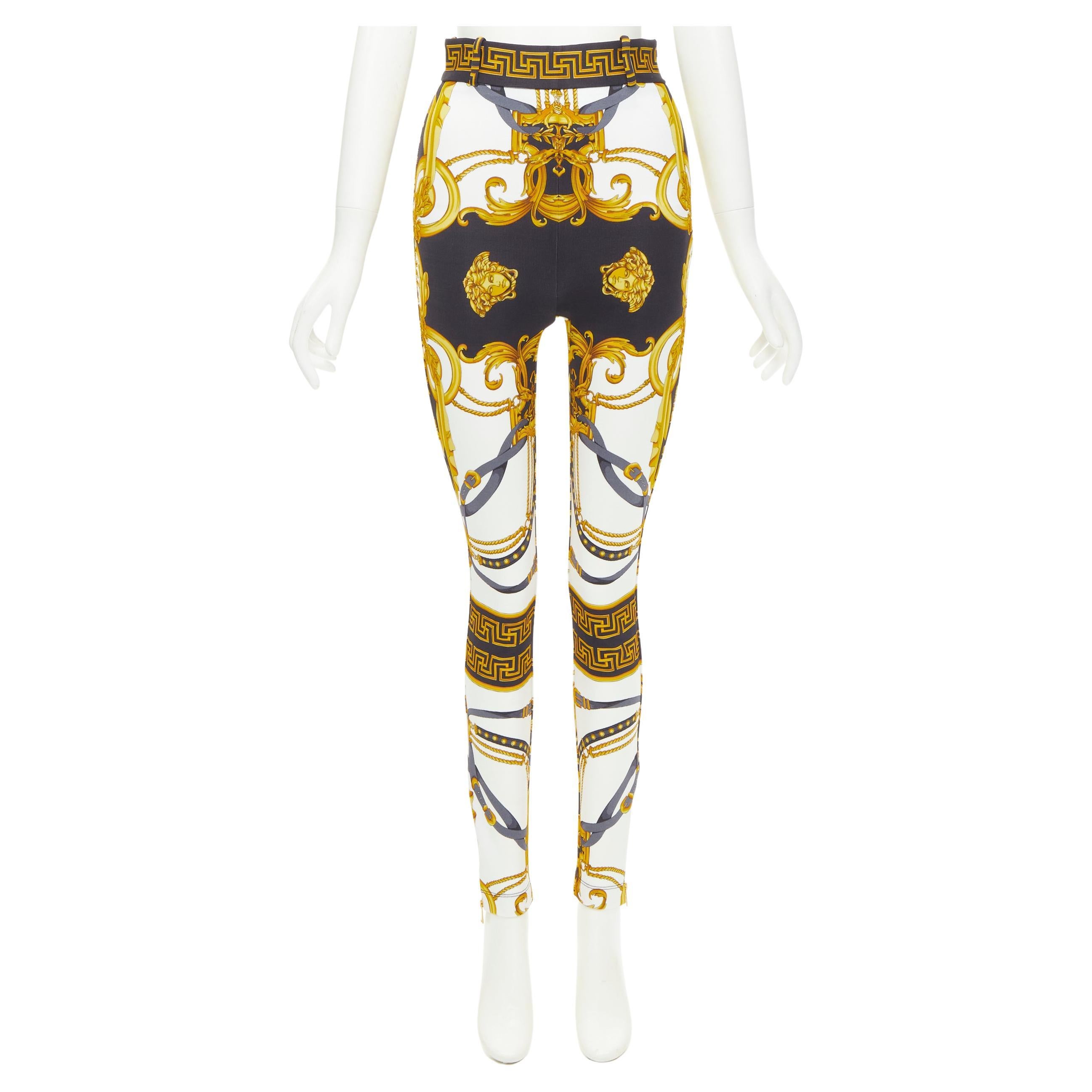 new VERSACE Rodeo Barocco black gold baroque harness print legging pants IT40 S For Sale
