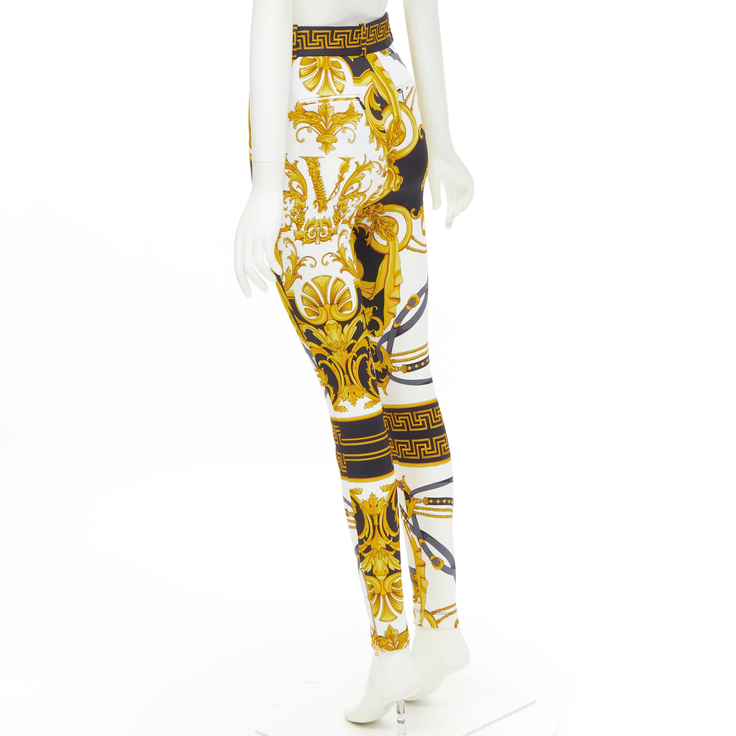 Beige new VERSACE Rodeo Barocco black gold baroque harness print stretch pants IT38 XS For Sale
