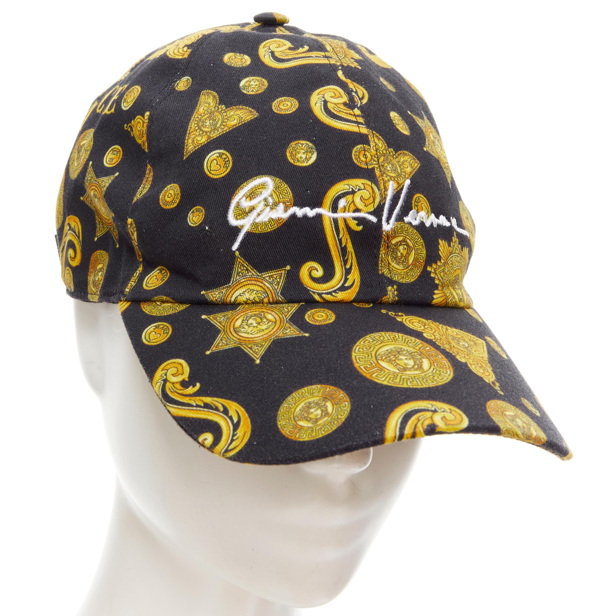 new VERSACE Rodeo Barocco black gold Medusa logo print dad cap 58cm M 7 1/4 
Reference: TGAS/C00215 
Brand: Versace 
Designer: Donatella Versace 
Collection: Rodeo Barocco 
Material: Cotton 
Color: Black 
Pattern: Medusa Coin 
Closure: Buckle 
Extra