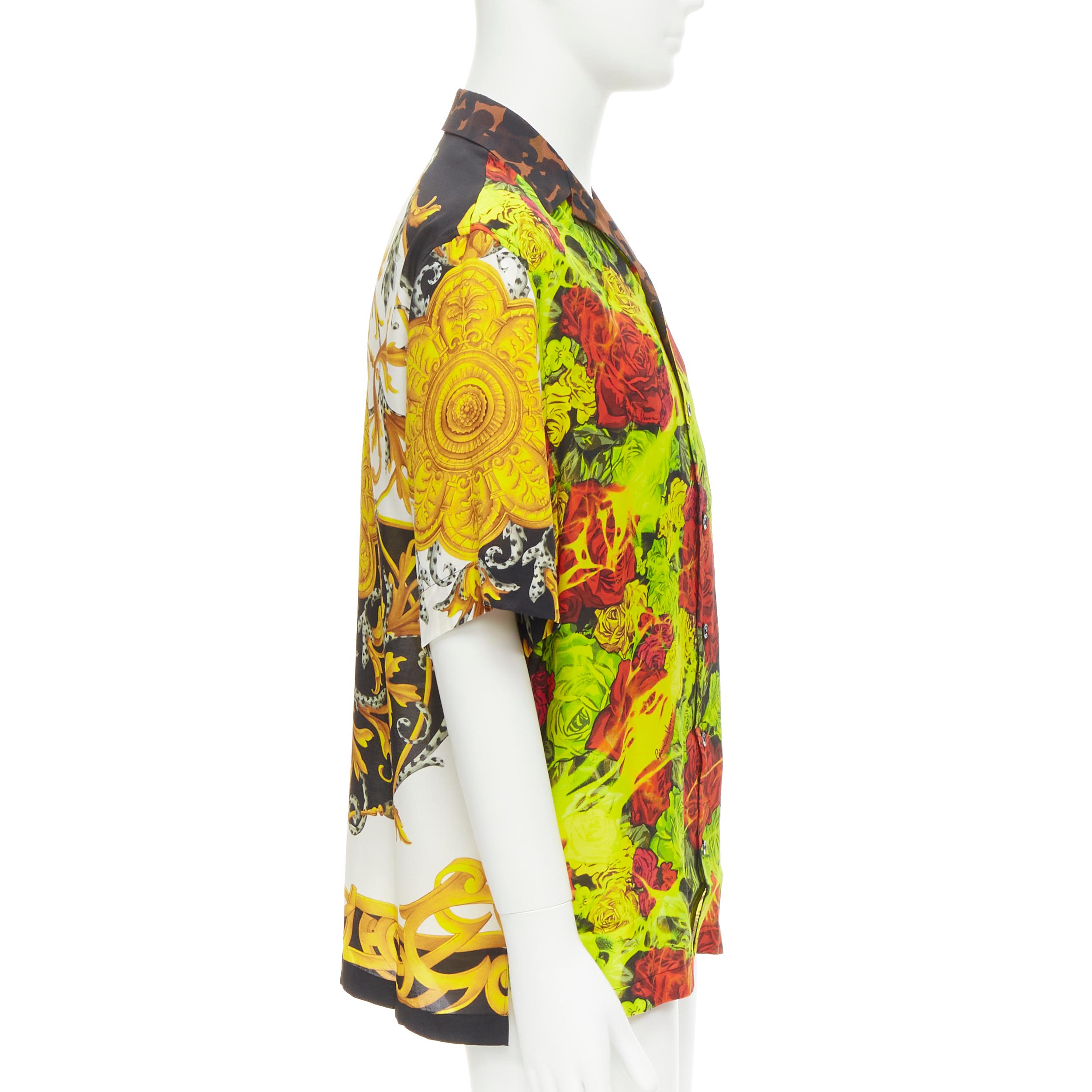 Yellow new VERSACE Rose Floral Barocco Acanthus print short sleeve shirt EU39 M For Sale