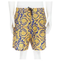 Versace - Short de bain en nylon bleu baroque avec cordon de serrage à fleurs dorés, taille IT 5 L, état neuf