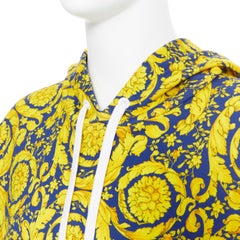 new VERSACE royal blue gold floral baroque print 100% cotton hoodie sweater 3XL