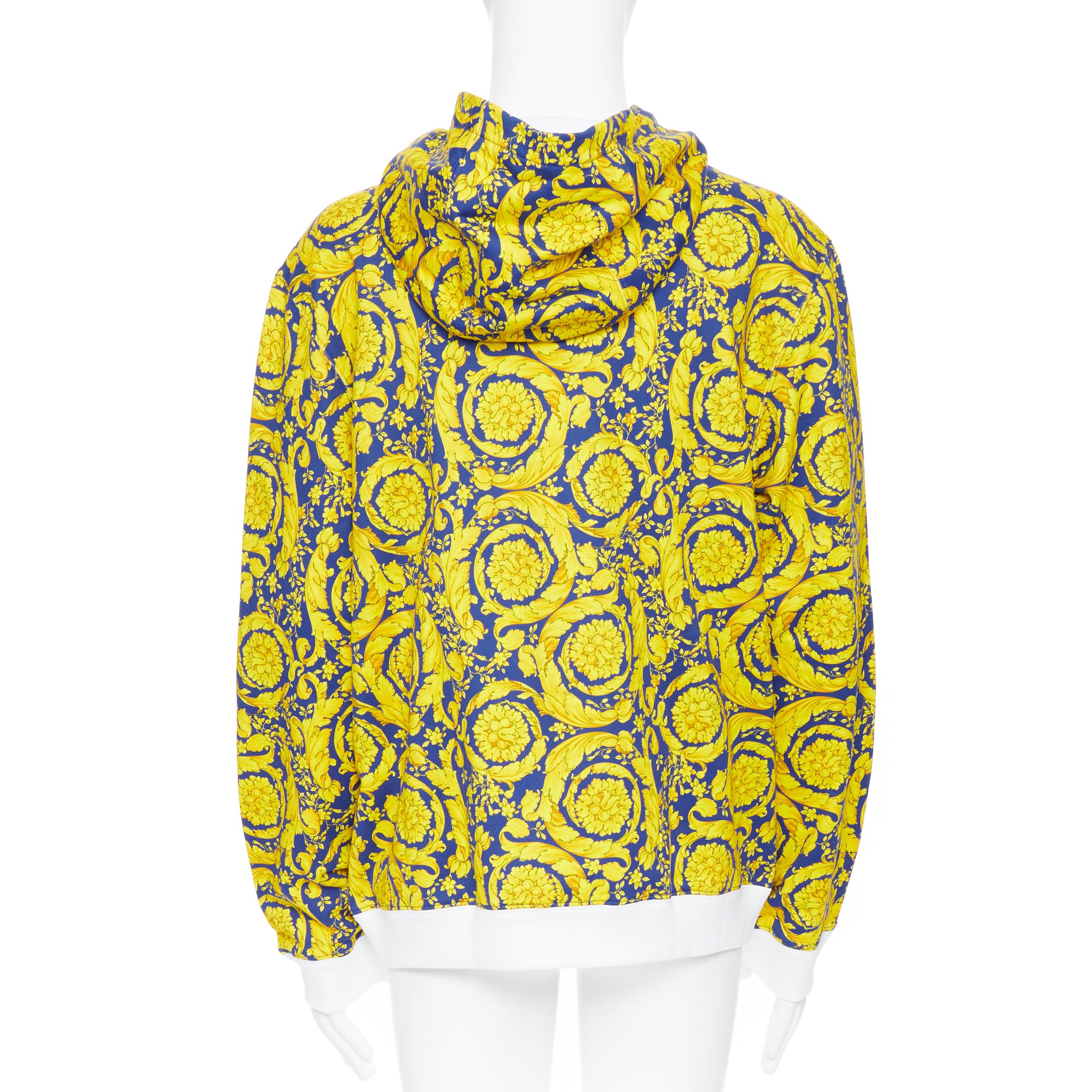 new VERSACE royal blue gold floral baroque print 100% cotton hoodie sweater 3XL In New Condition In Hong Kong, NT