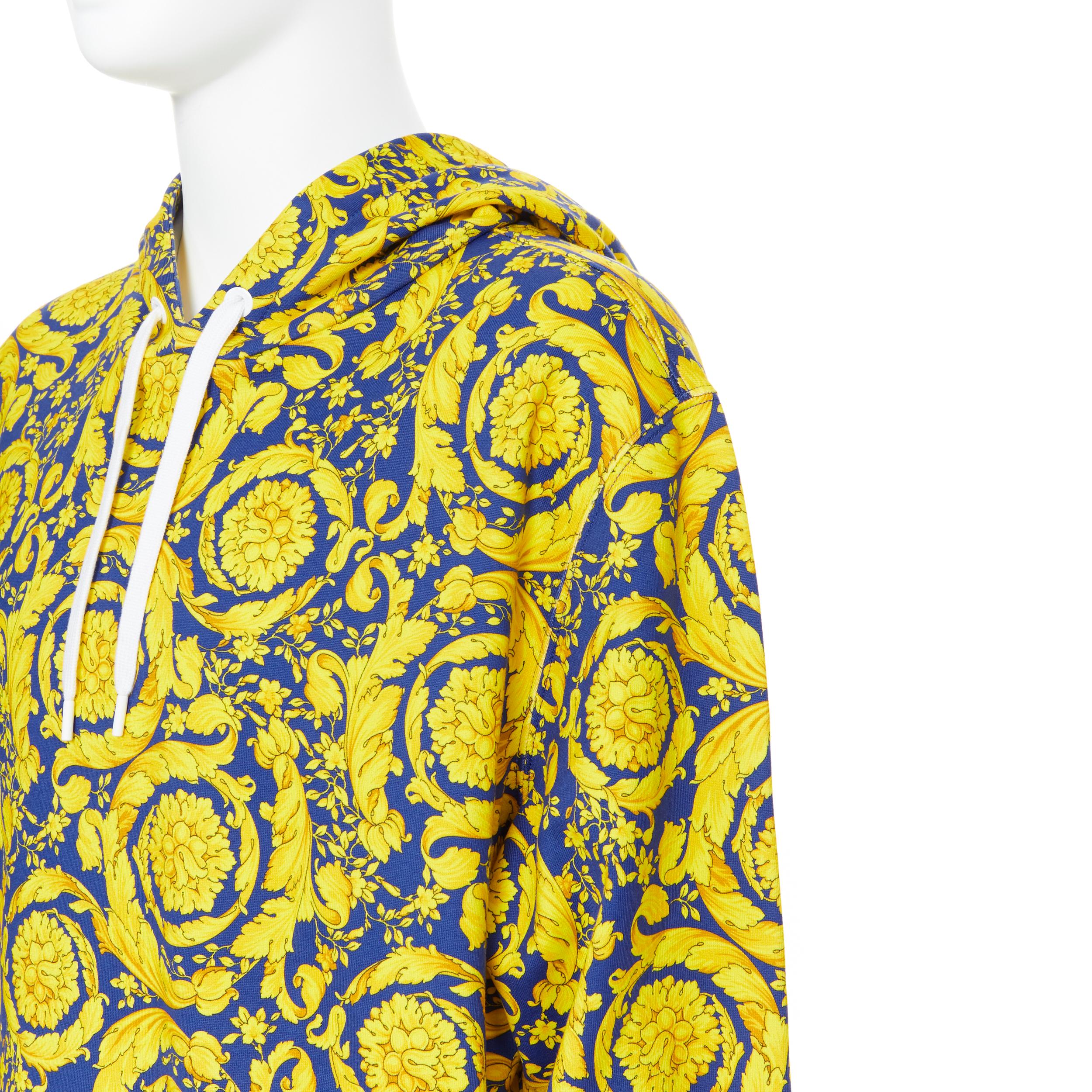 new VERSACE royal blue gold floral baroque print 100% cotton hoodie sweater 3XL 1