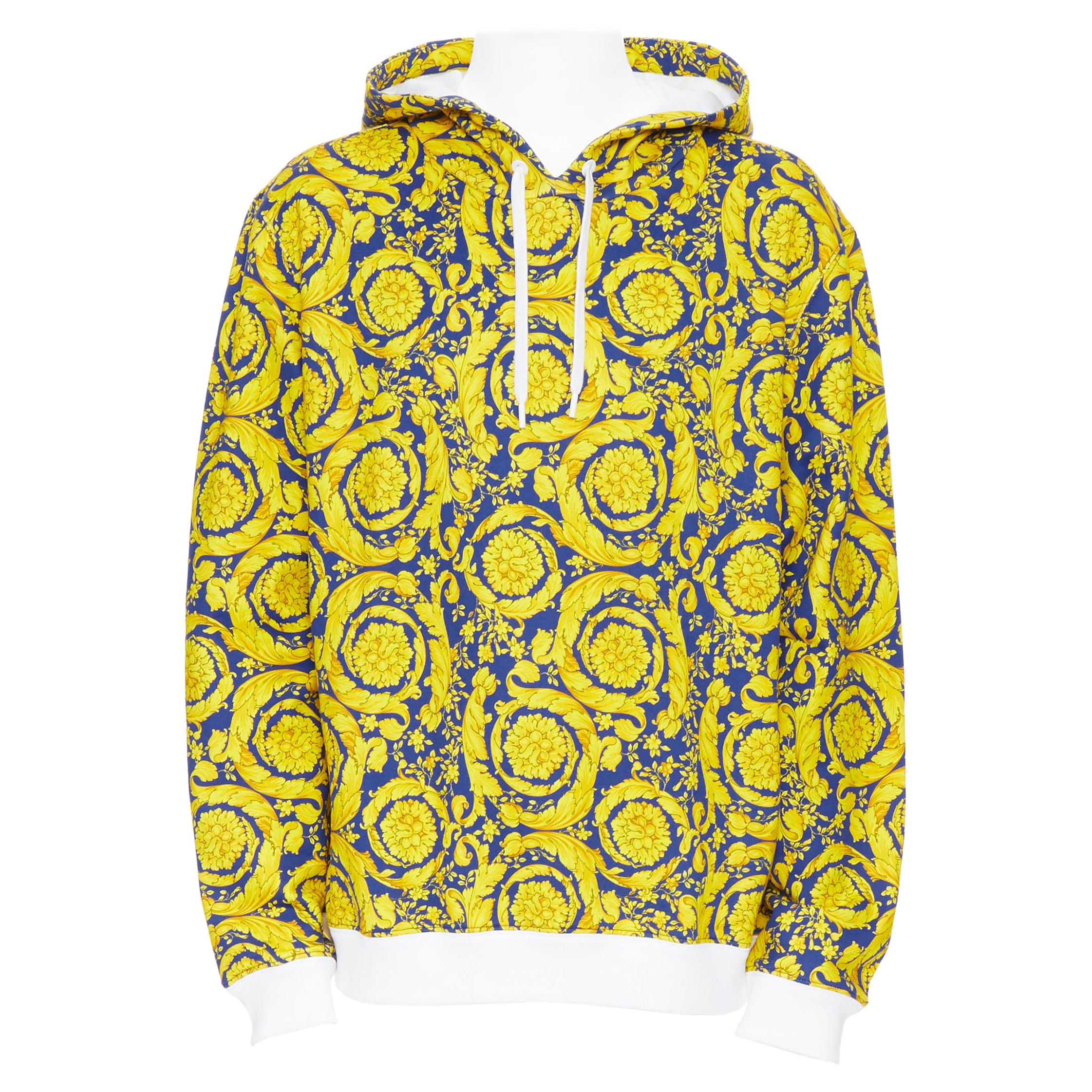 new VERSACE royal blue gold floral baroque print 100% cotton hoodie sweater 3XL