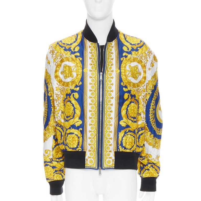 new VERSACE royal blue gold Medusa Barocco diamond quilted bomber ...