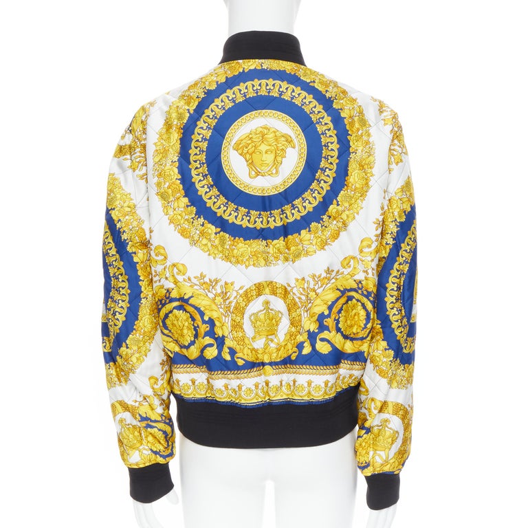 new VERSACE royal blue gold Medusa Barocco diamond quilted bomber jacket  IT52 XL