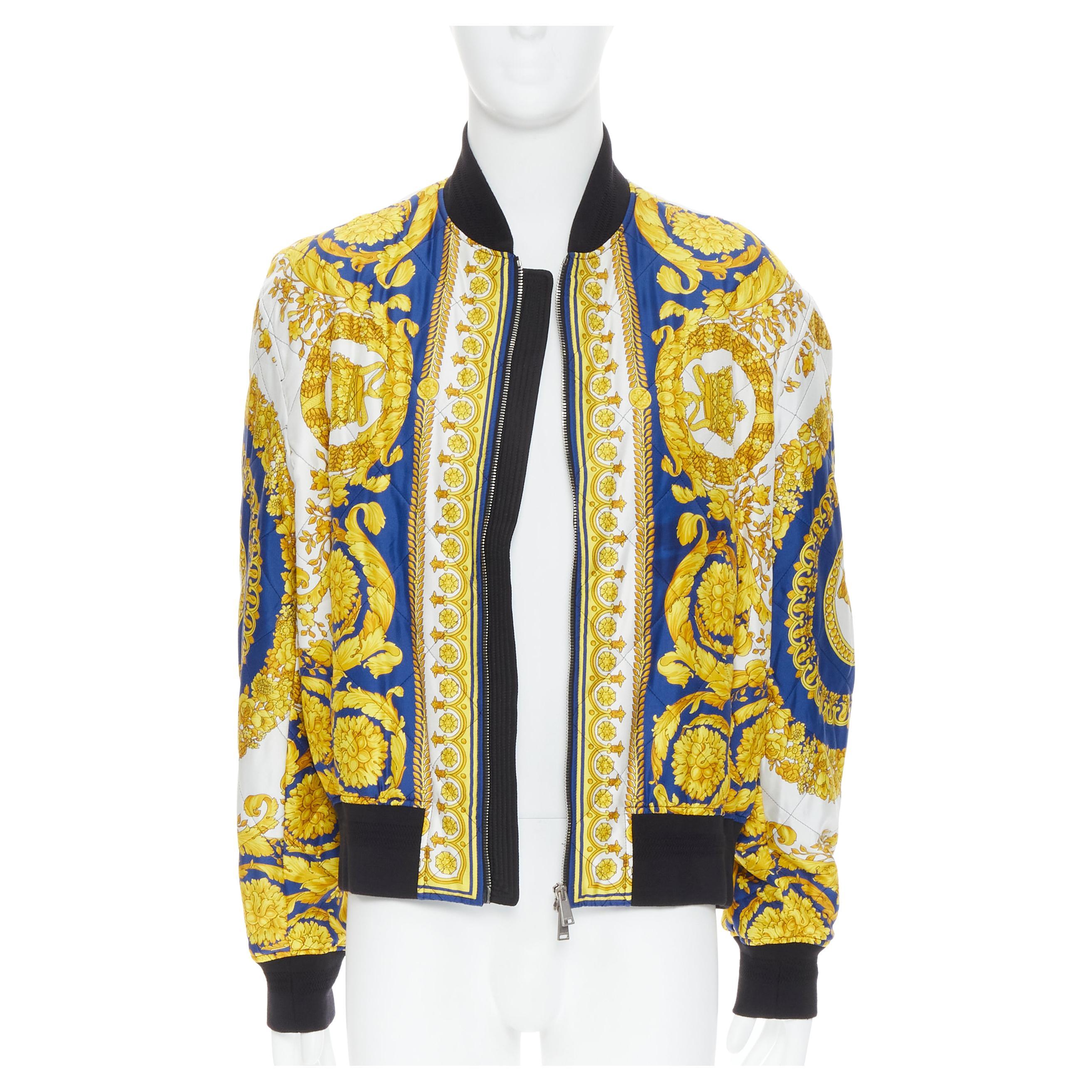 new VERSACE royal blue gold Medusa Barocco diamond quilted bomber jacket IT52 XL