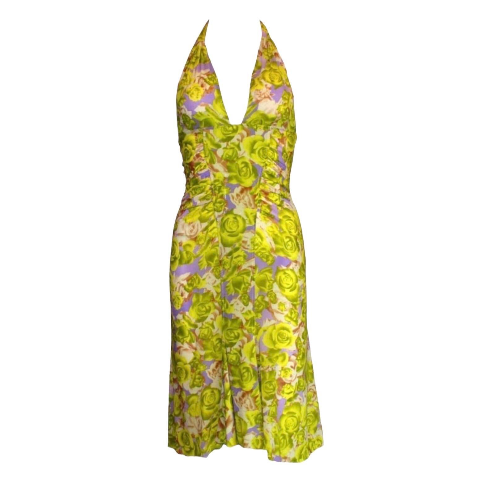 NEW Versace Ruched Rose Floral Print Silk Dress 2004 seen on Teri 38 For Sale