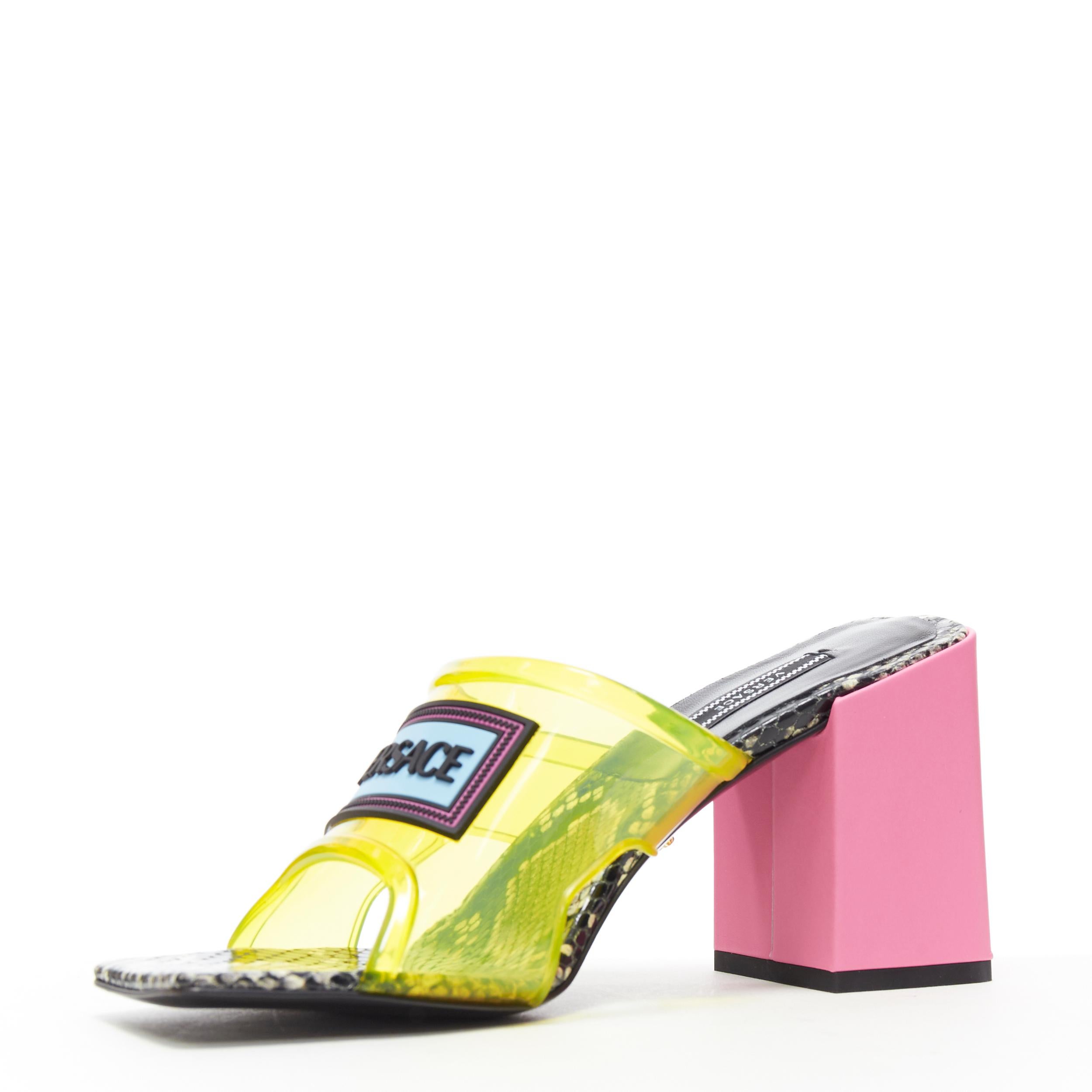Beige new VERSACE Runway 1990s Vintage Logo yellow PVC pink block heel sandals EU39