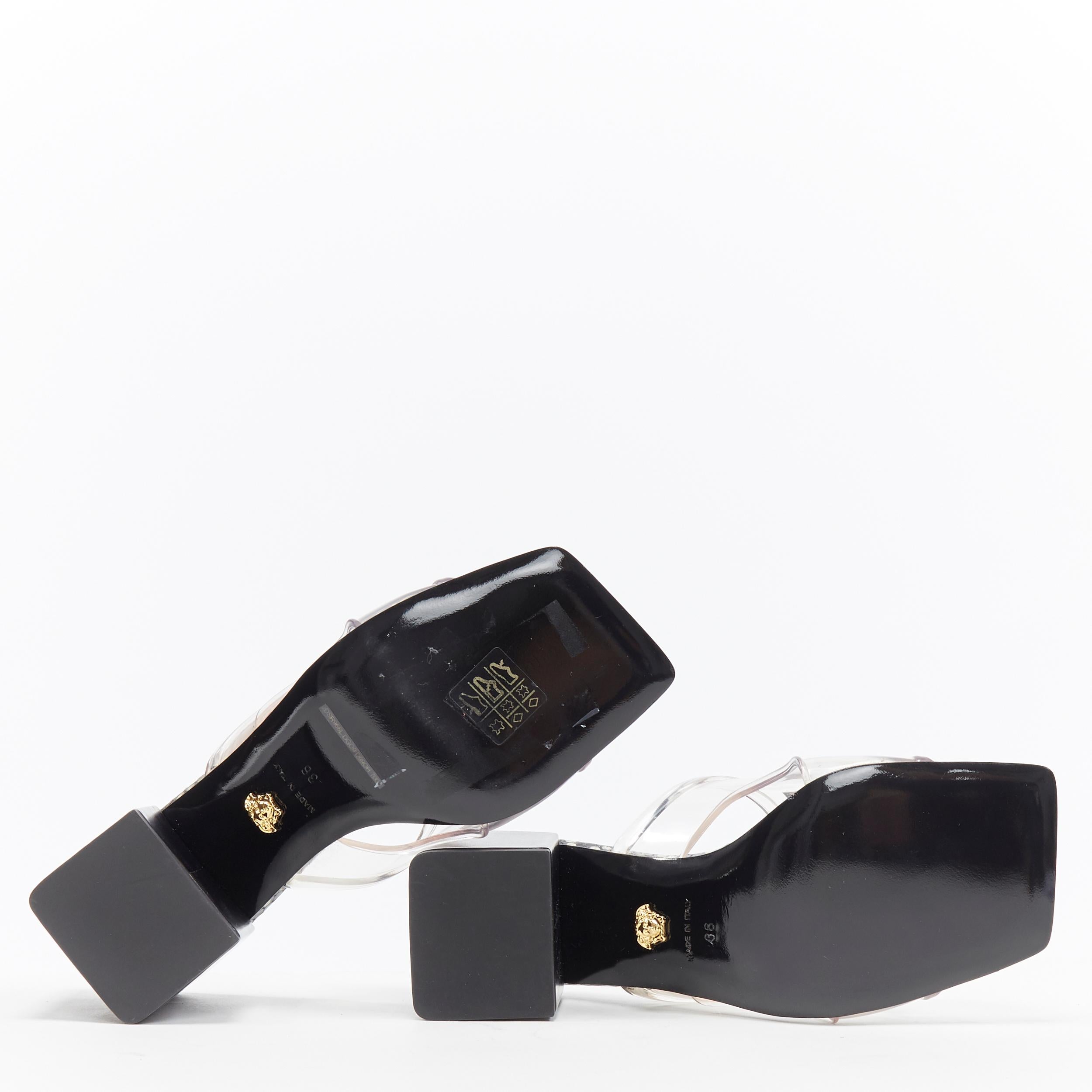 nuevo VERSACE Runway 90's Vintage Logo sandalias tacón bloque PVC transparente EU36 1