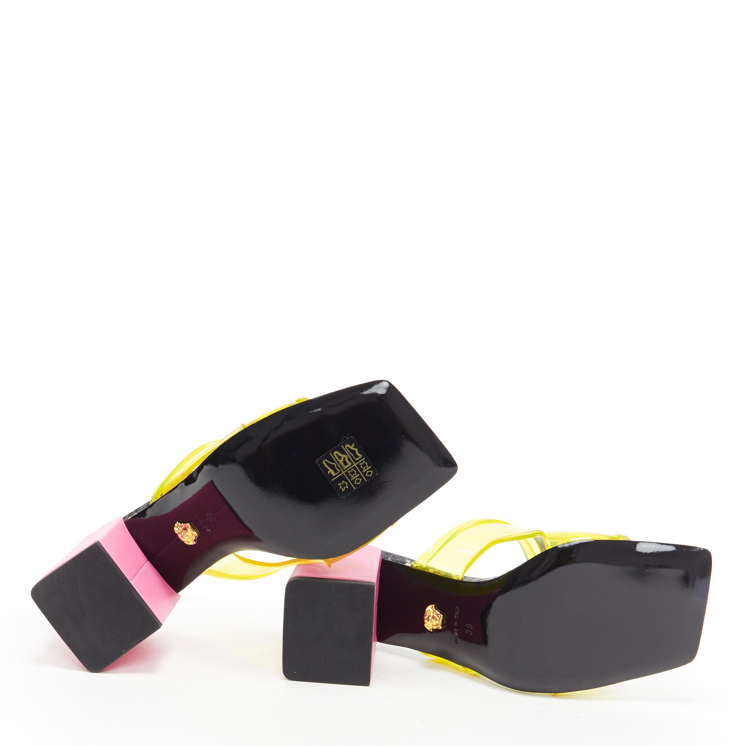 new VERSACE Runway 90's Vintage Logo yellow PVC pink block heel sandals EU40 In New Condition In Hong Kong, NT