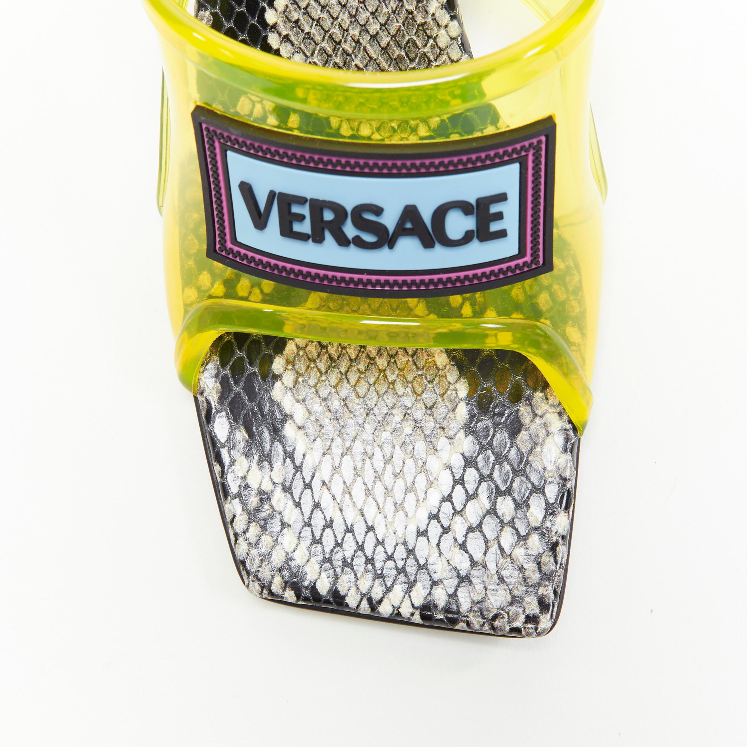 Women's new VERSACE Runway 90's Vintage Logo yellow PVC pink block heel sandals EU40
