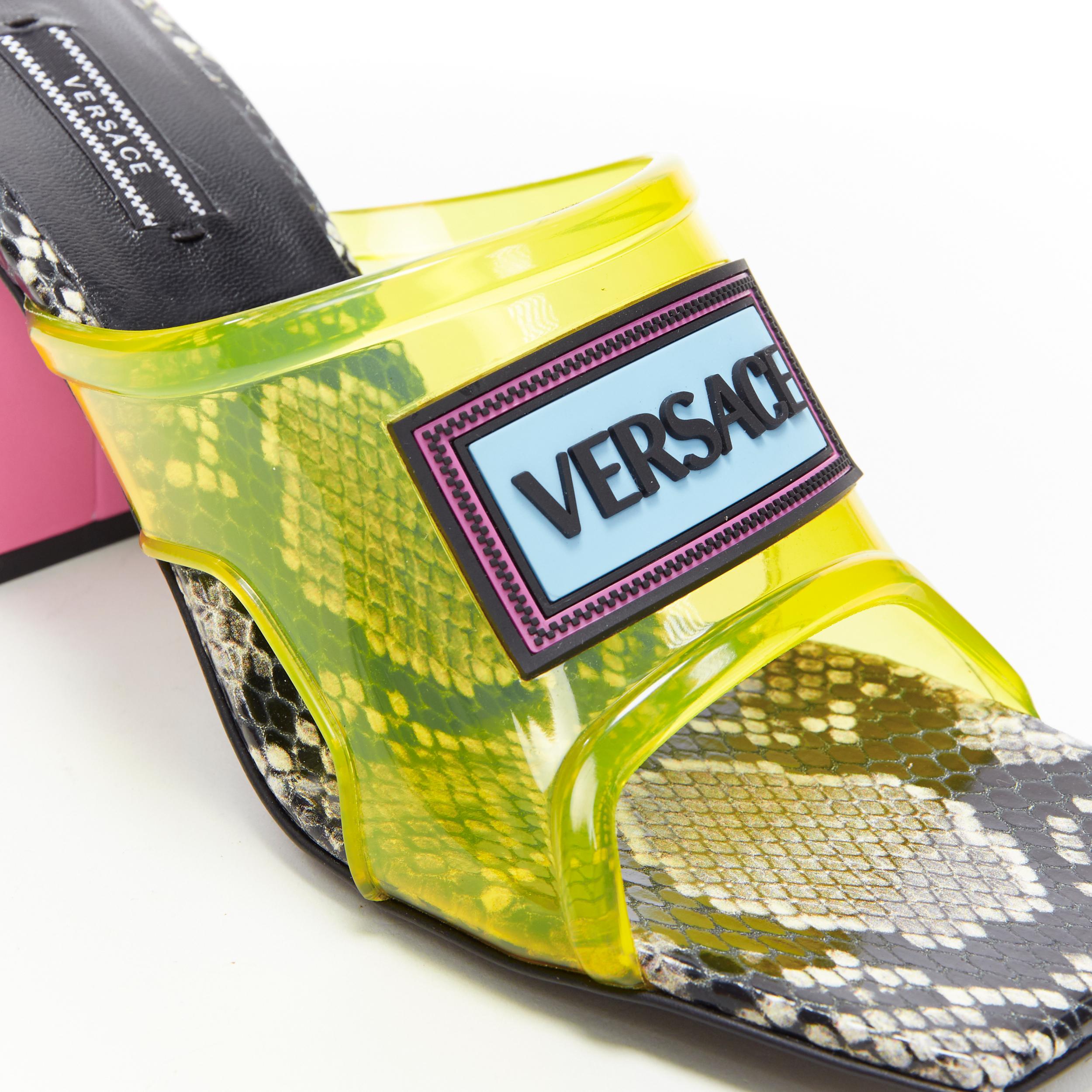 new VERSACE Runway 90's Vintage Logo yellow PVC pink block heel sandals EU40 1