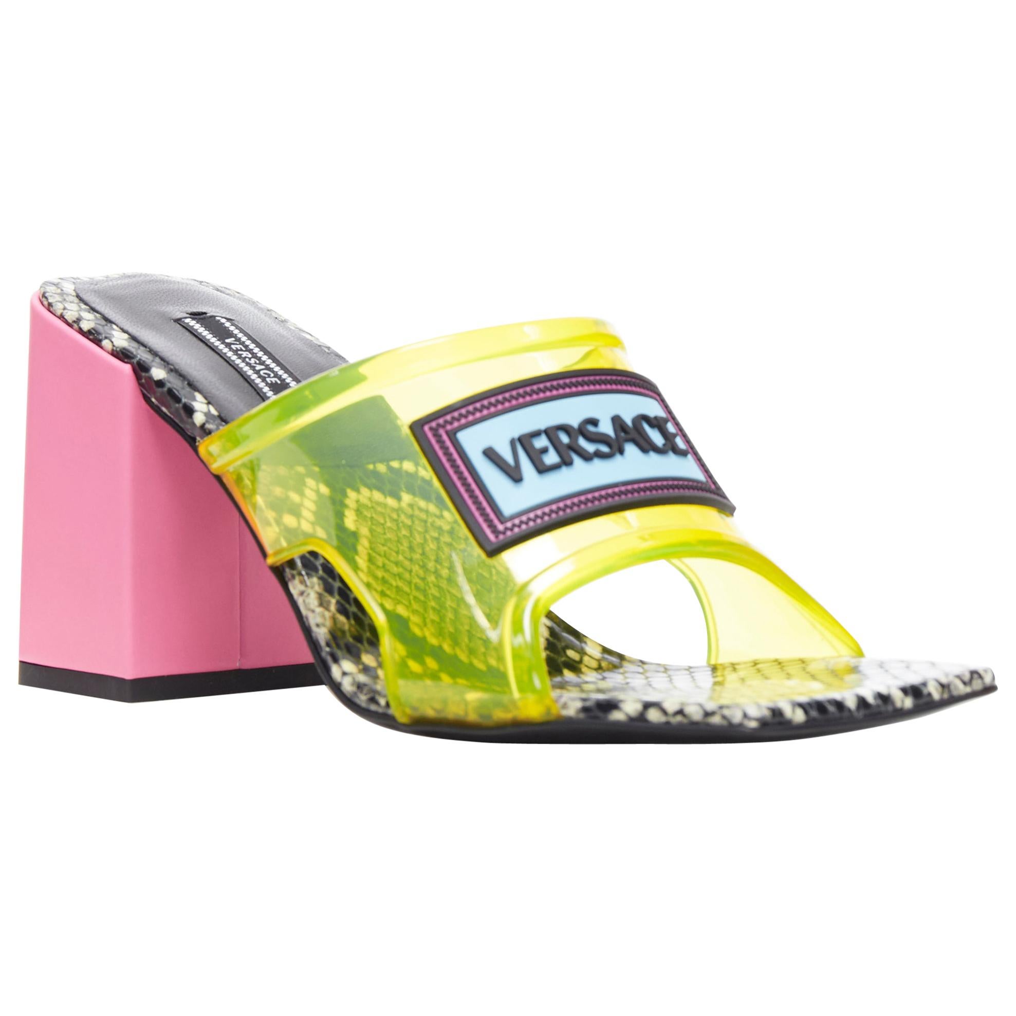 new VERSACE Runway 90's Vintage Logo yellow PVC pink block heel sandals EU40