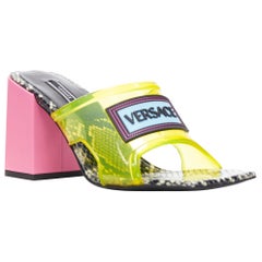 new VERSACE Runway 90's Vintage Logo yellow PVC pink block heel sandals EU40