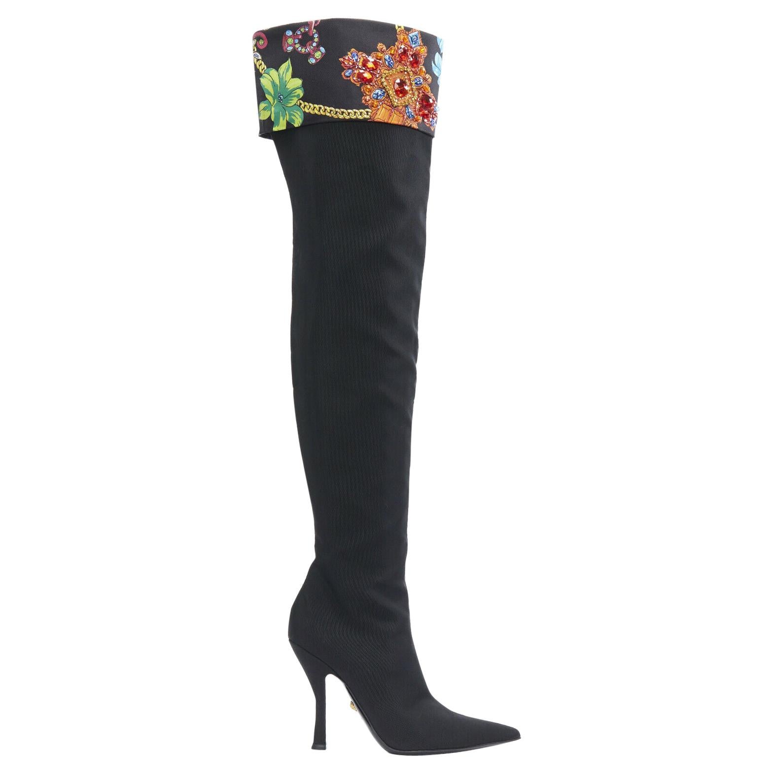 New VERSACE runway black chain crystal embellished foldover knee boot EU 40 For Sale