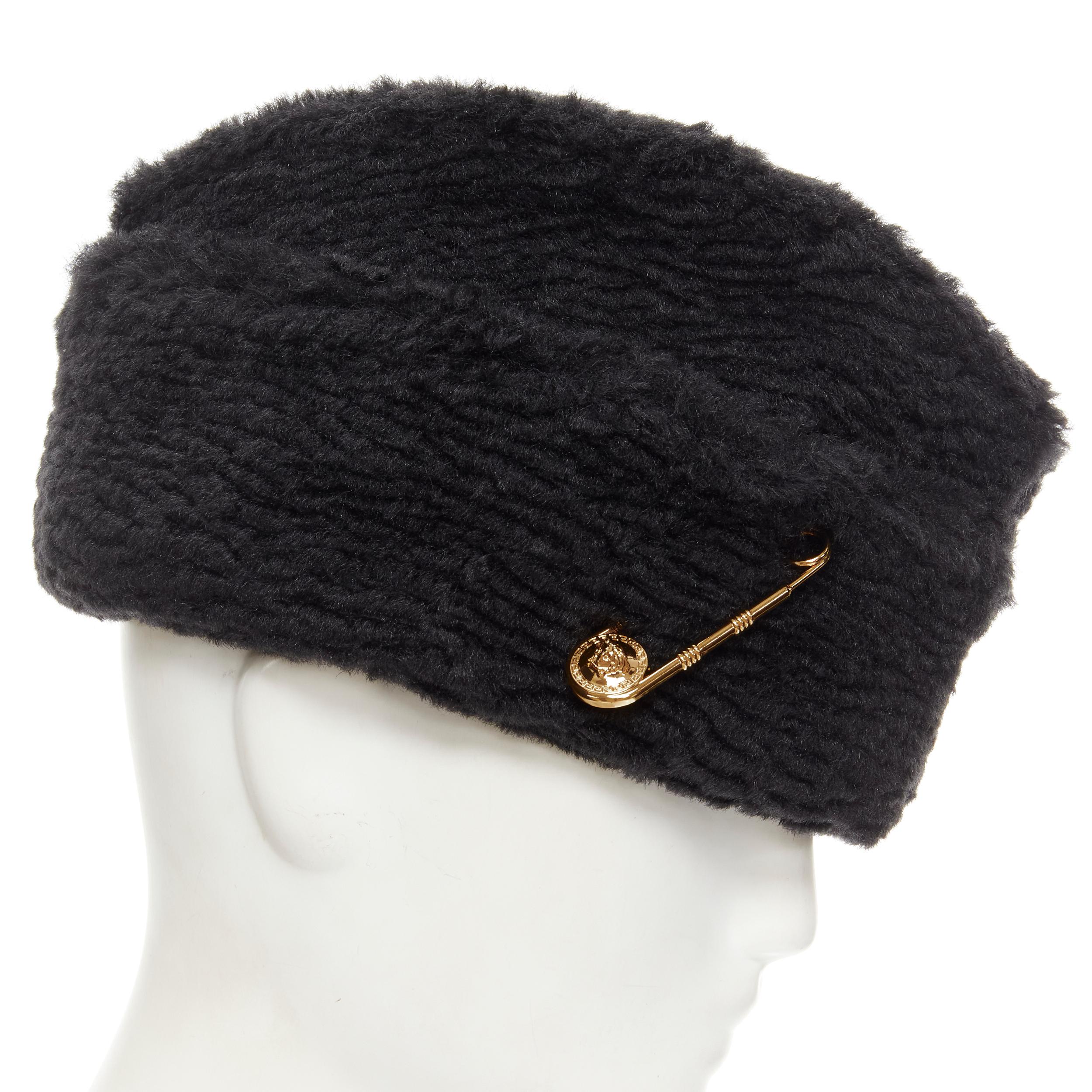 Women's or Men's new VERSACE Runway black faux fur gold Medusa safety pin hat 57cm M 7 1/8