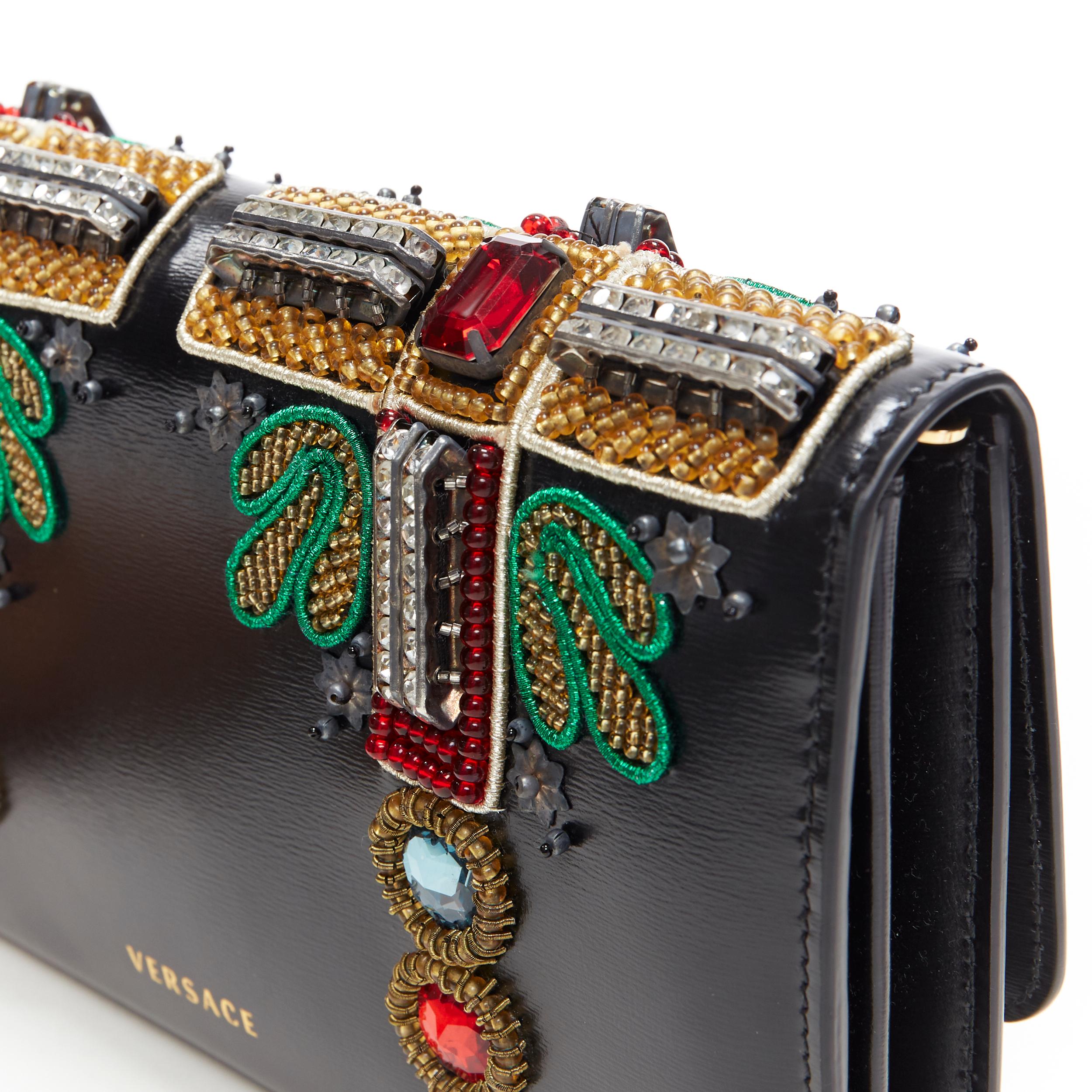 Women's new VERSACE Runway black leather Byzantium Cross embellished wallet on chain bag