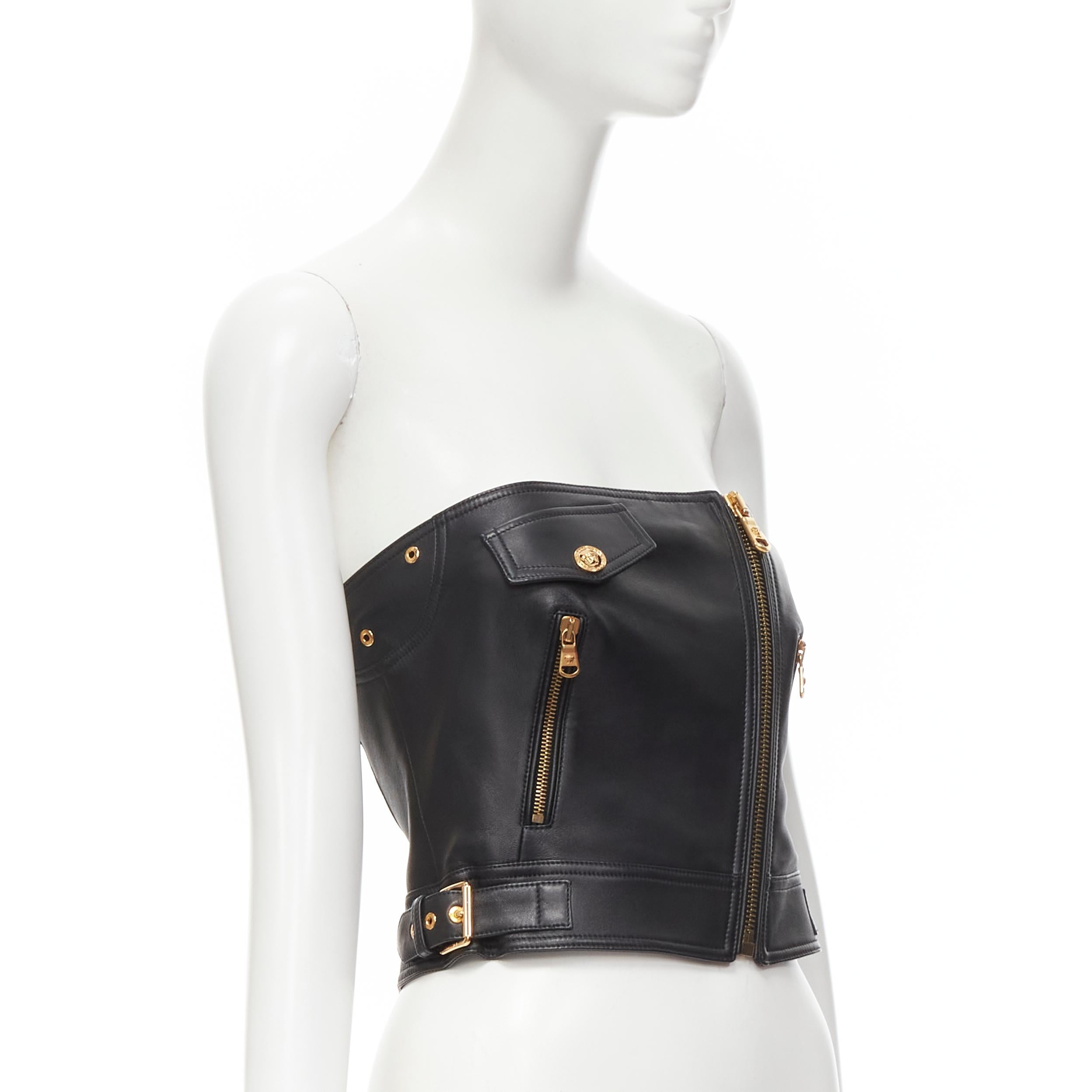 new VERSACE Runway black leather gold-tone Medusa biker bustier top IT38 XS
Reference: TGAS/C00017
Brand: Versace
Designer: Donatella Versace
Material: Leather
Color: Black
Pattern: Solid
Closure: Zip
Extra Detail: Genuine black leather. Gold-tone