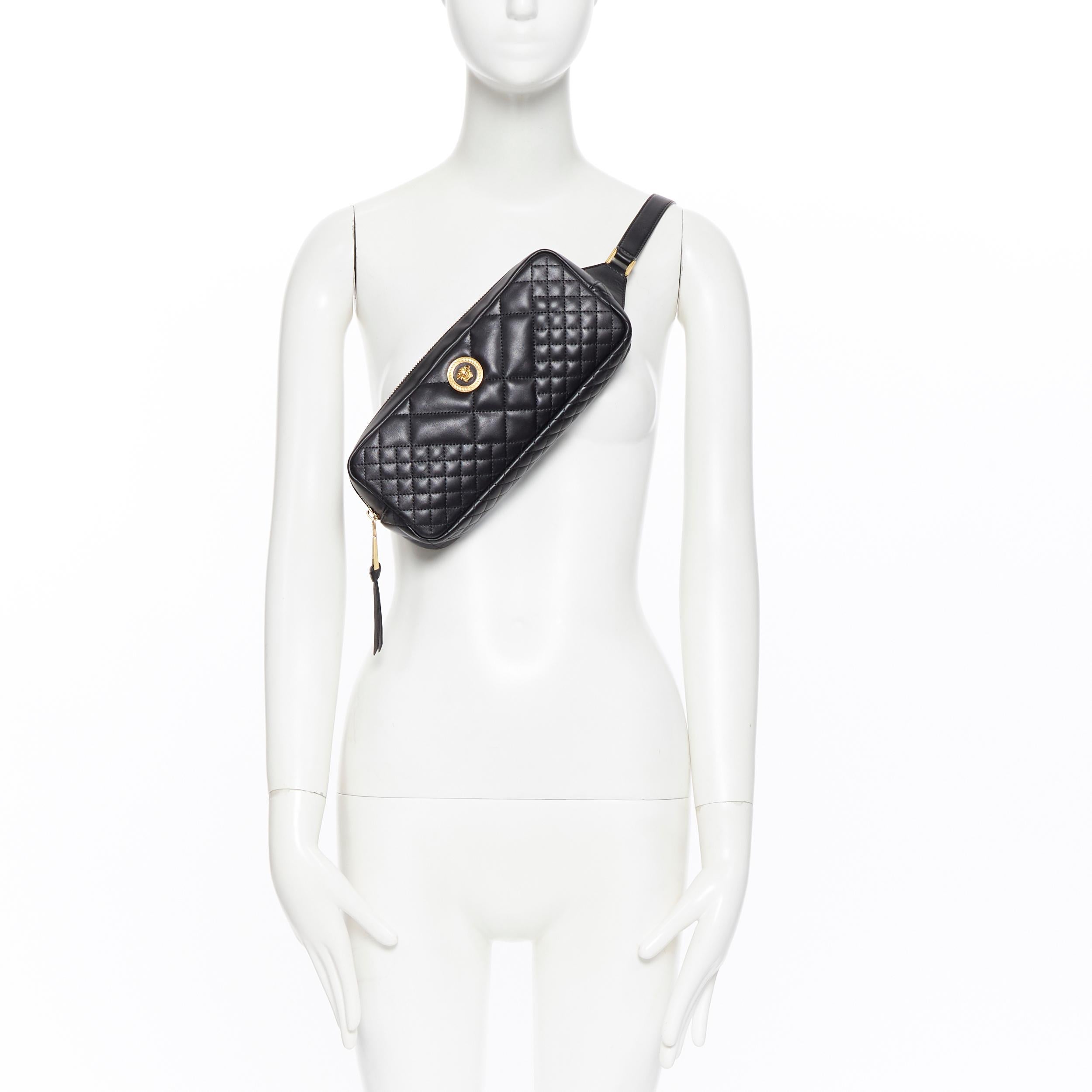 new VERSACE runway black quilted lamb leather gold Medusa long crossbody bag
Brand: Versace
Designer: Donatella Versace
Collection: 2019
Model Name / Style: Medusa crossbody bag
Material: Leather; lamb leather
Color: Black
Pattern: Solid
Closure: