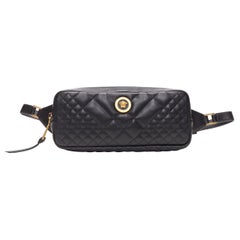 new VERSACE runway black quilted lamb leather gold Medusa long crossbody bag