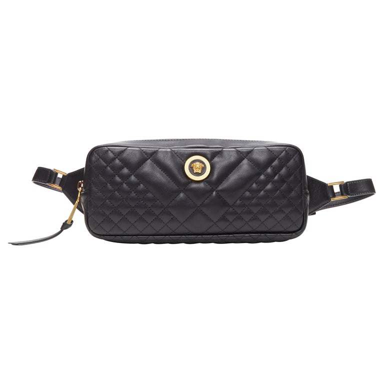 new VERSACE runway black quilted lamb leather gold Medusa long ...