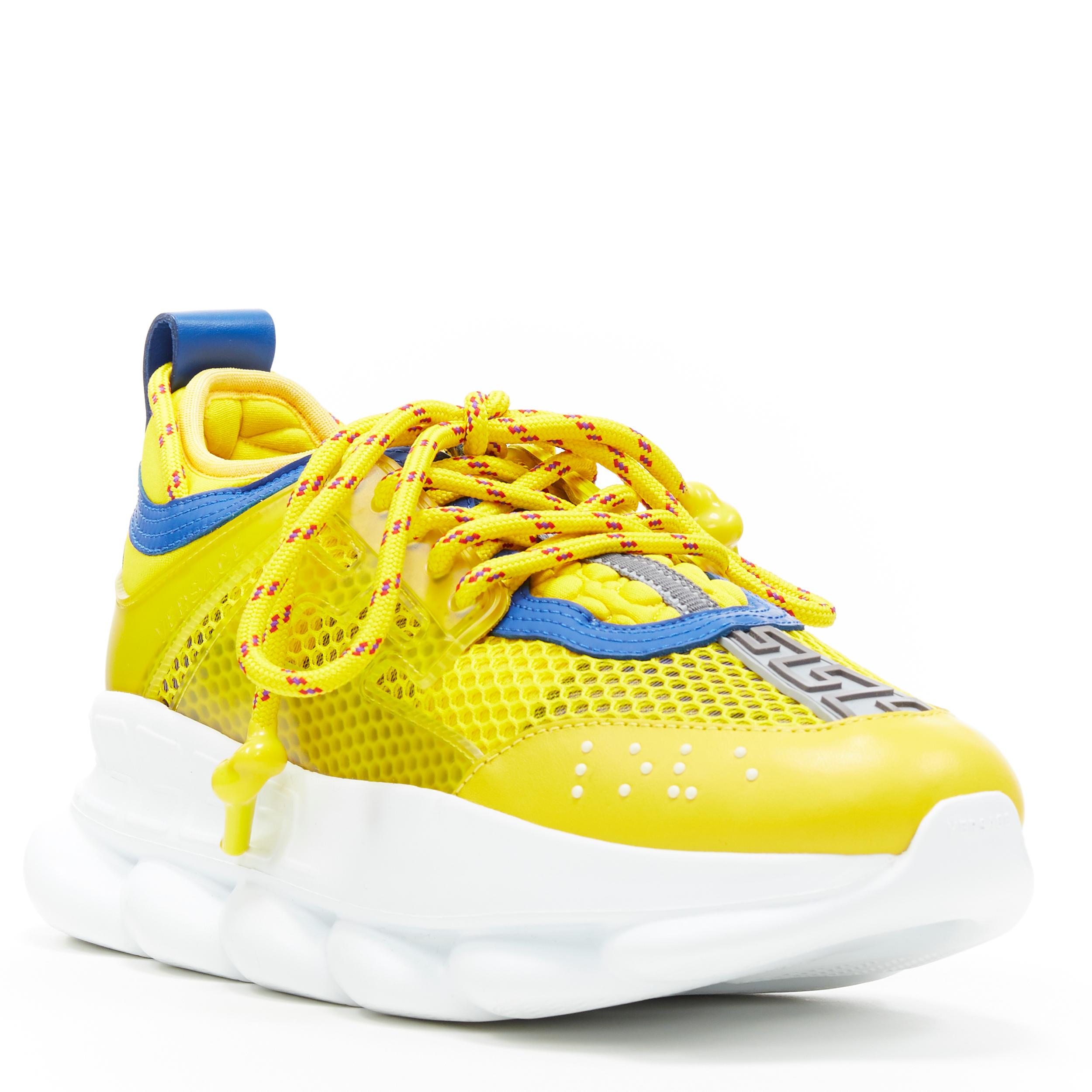 new VERSACE Runway Chain Reaction yellow mesh blue chunky dad sneaker EU38
Brand: Versace
Designer: Donatella Versace
Collection: 2019
Model Name / Style: Chain Reaction
Material: Fabric
Color: Yellow
Pattern: Solid
Closure: Lace up
Extra Detail: