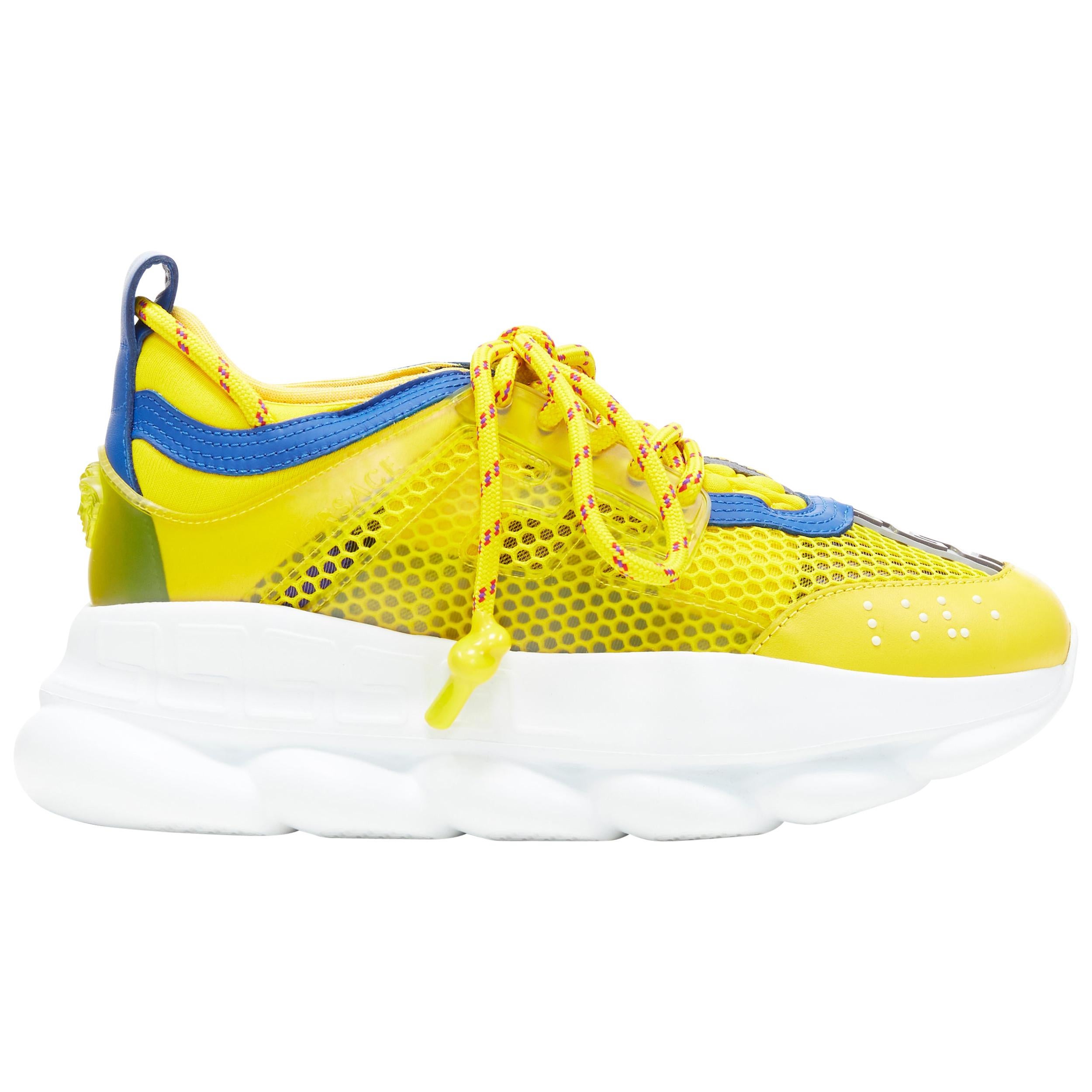 Jurassic Park move on corruption new VERSACE Runway Chain Reaction yellow mesh blue chunky dad sneaker EU38  For Sale at 1stDibs | versace chain reaction yellow