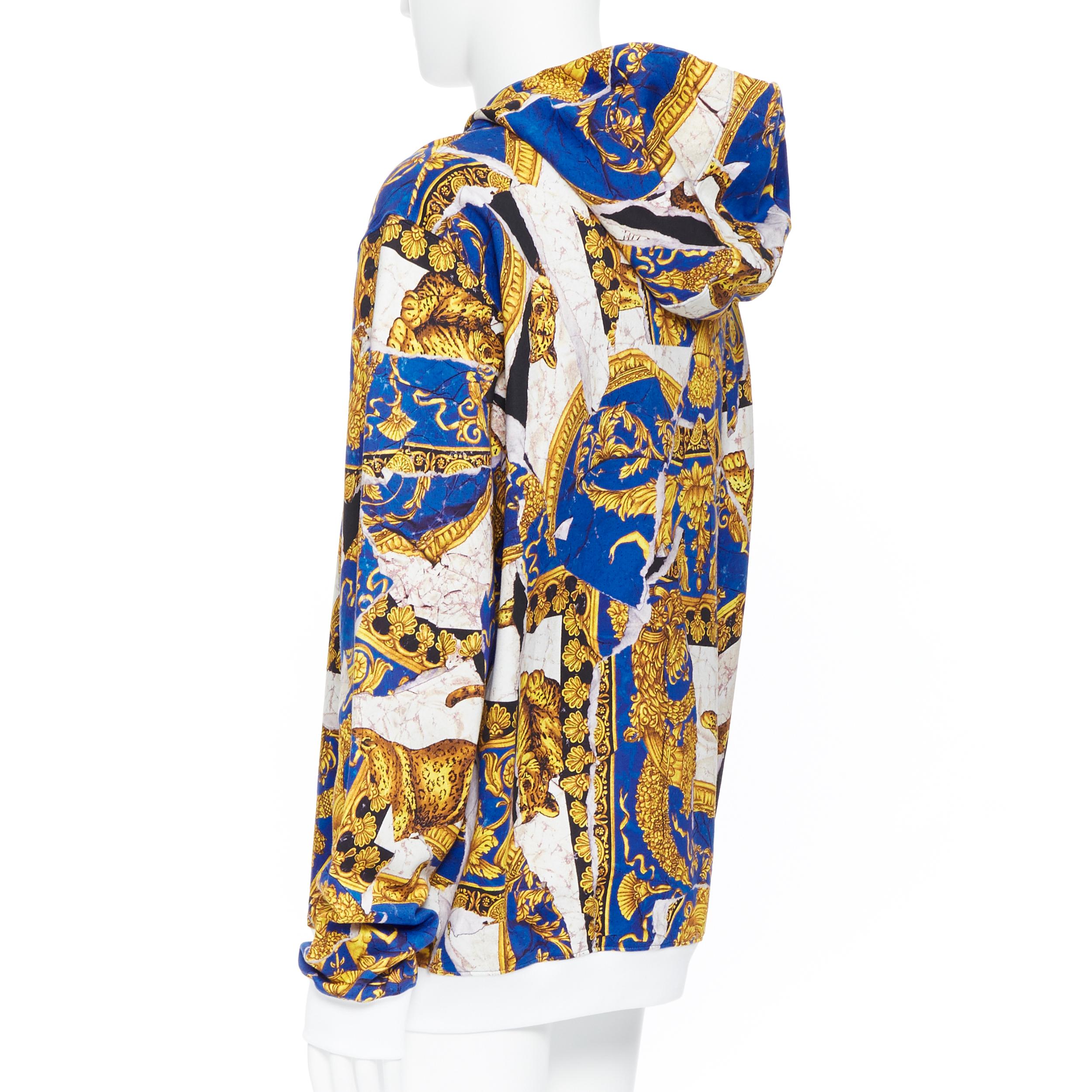 Beige new VERSACE Runway gold blue leopard baroque  marble  print hoodie pullover XXXL