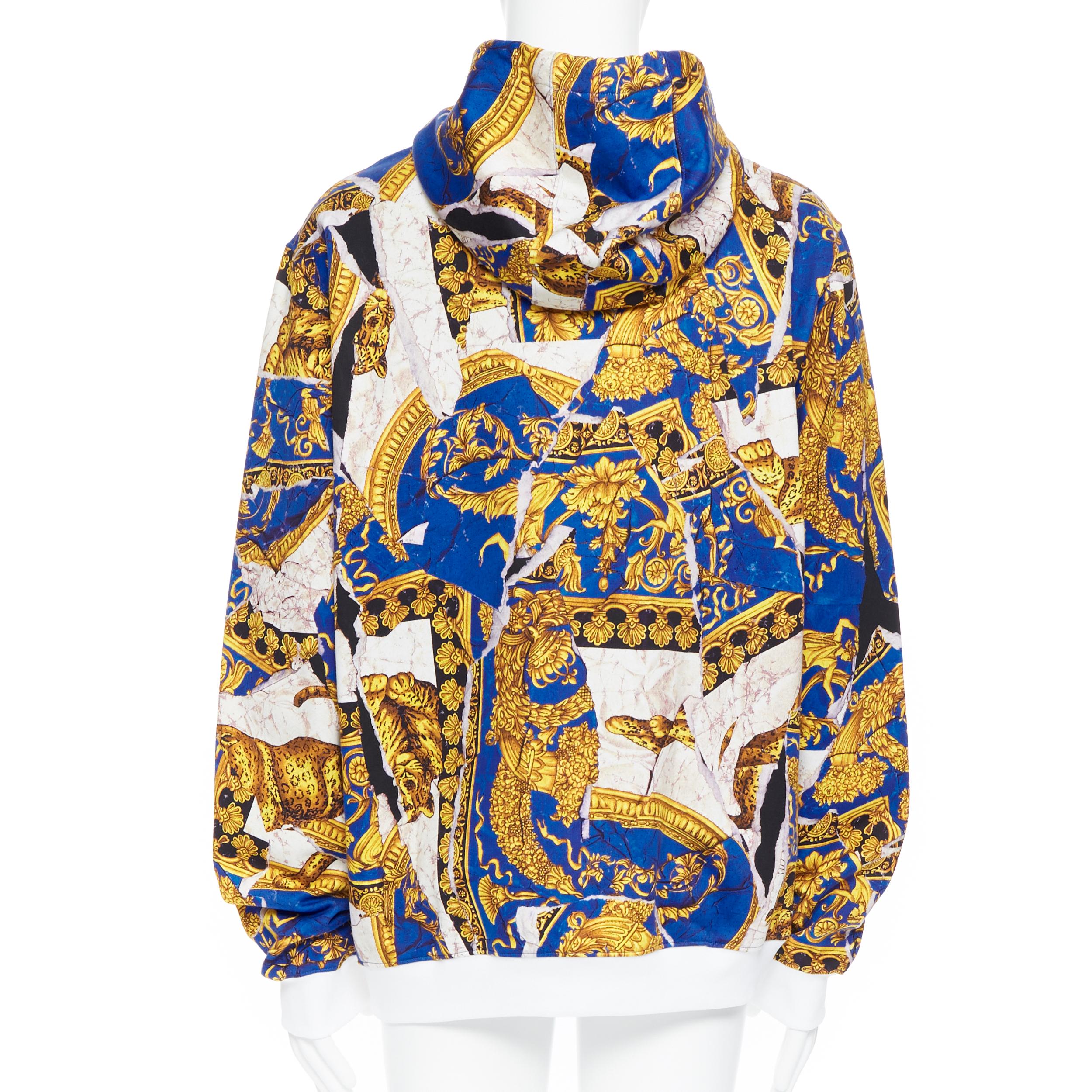 new VERSACE Runway gold blue leopard baroque  marble  print hoodie pullover XXXL In New Condition In Hong Kong, NT