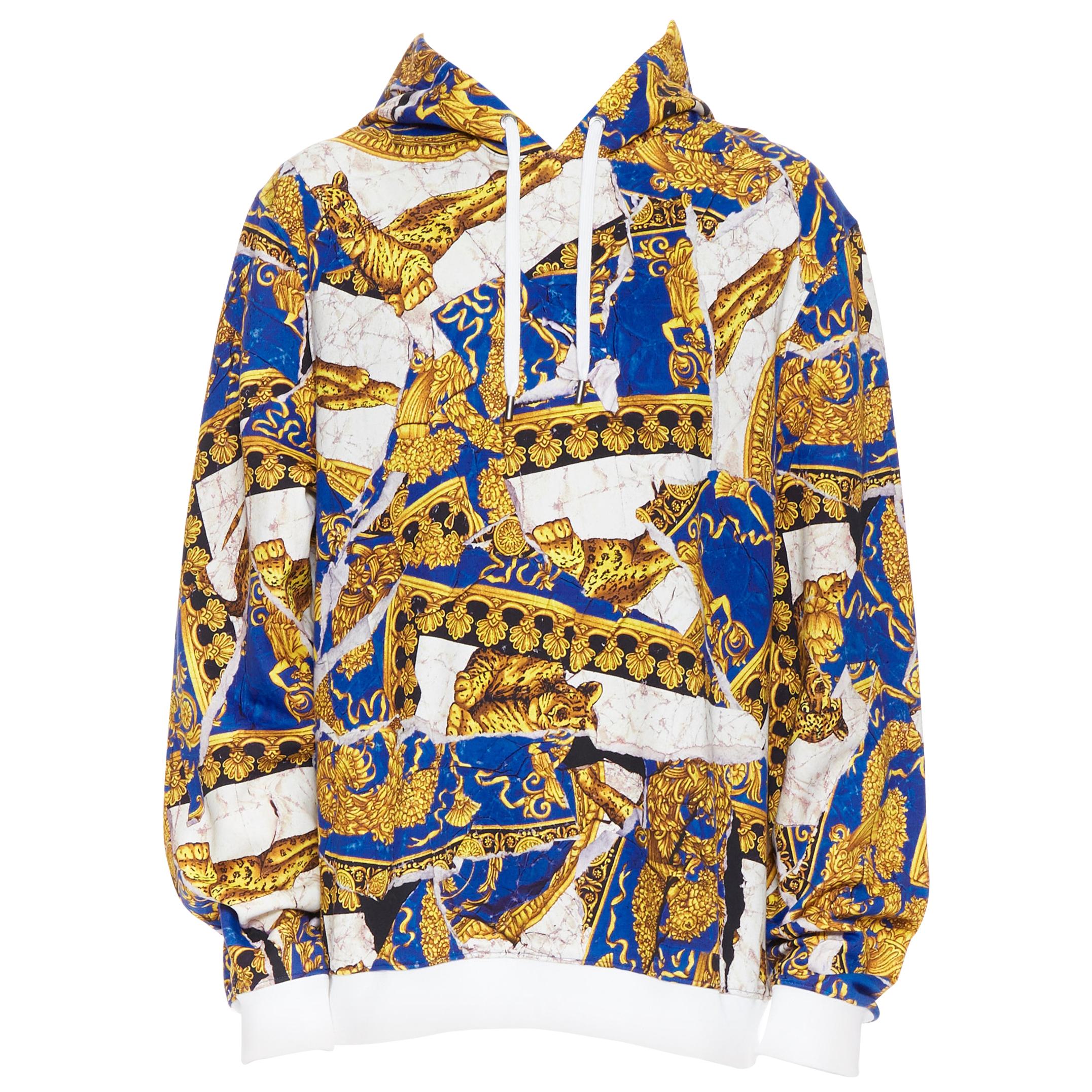 new VERSACE Runway gold blue leopard baroque  marble  print hoodie pullover XXXL
