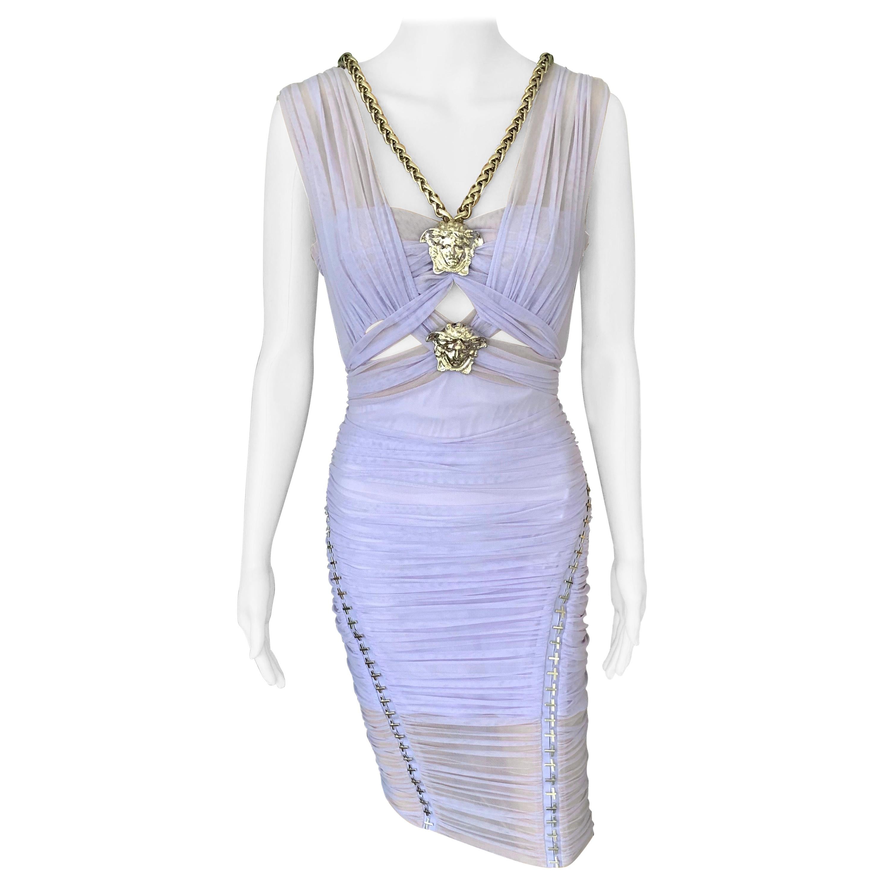 New Versace Runway Medusa Embellished Cutout Semi-Sheer Dress 