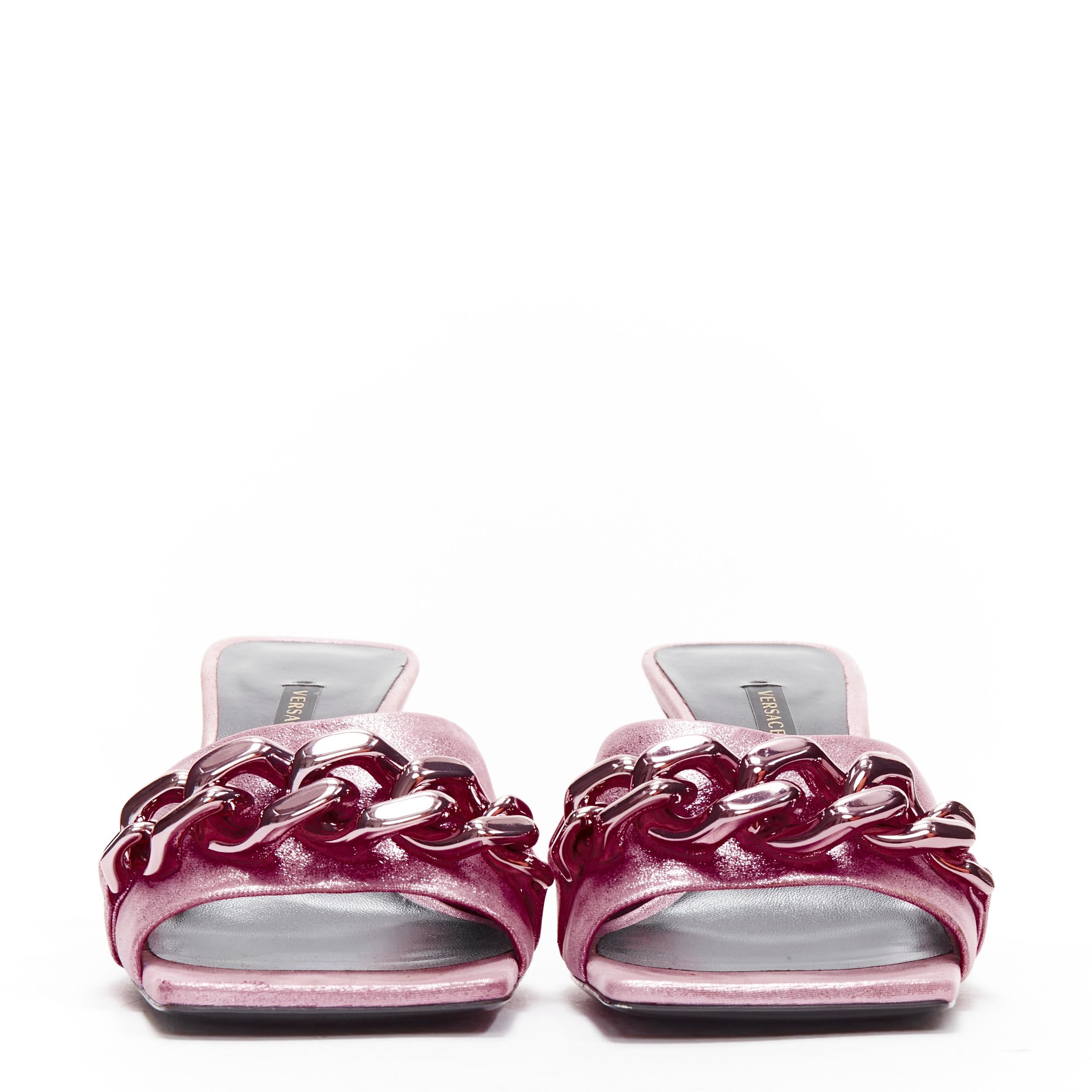 Gray new VERSACE Runway pink chunky chain metallic kitten comma heel sandals EU38 For Sale