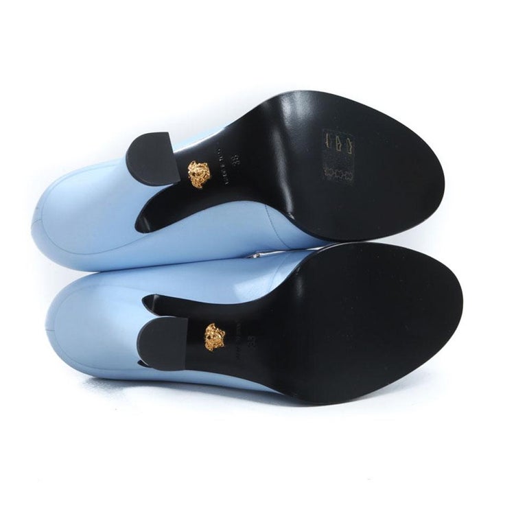 New Versace Runway S/S 2018 Baby Blue Lamb Leather Medusa Pumps Shoes 37.5  at 1stDibs | blue versace dress shoes, blue versace heels, versace blue  heels