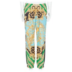 Versace - Pantalon de défilé en nylon bleu baroque et vert baroque avec statue, taille IT52 XL, état neuf