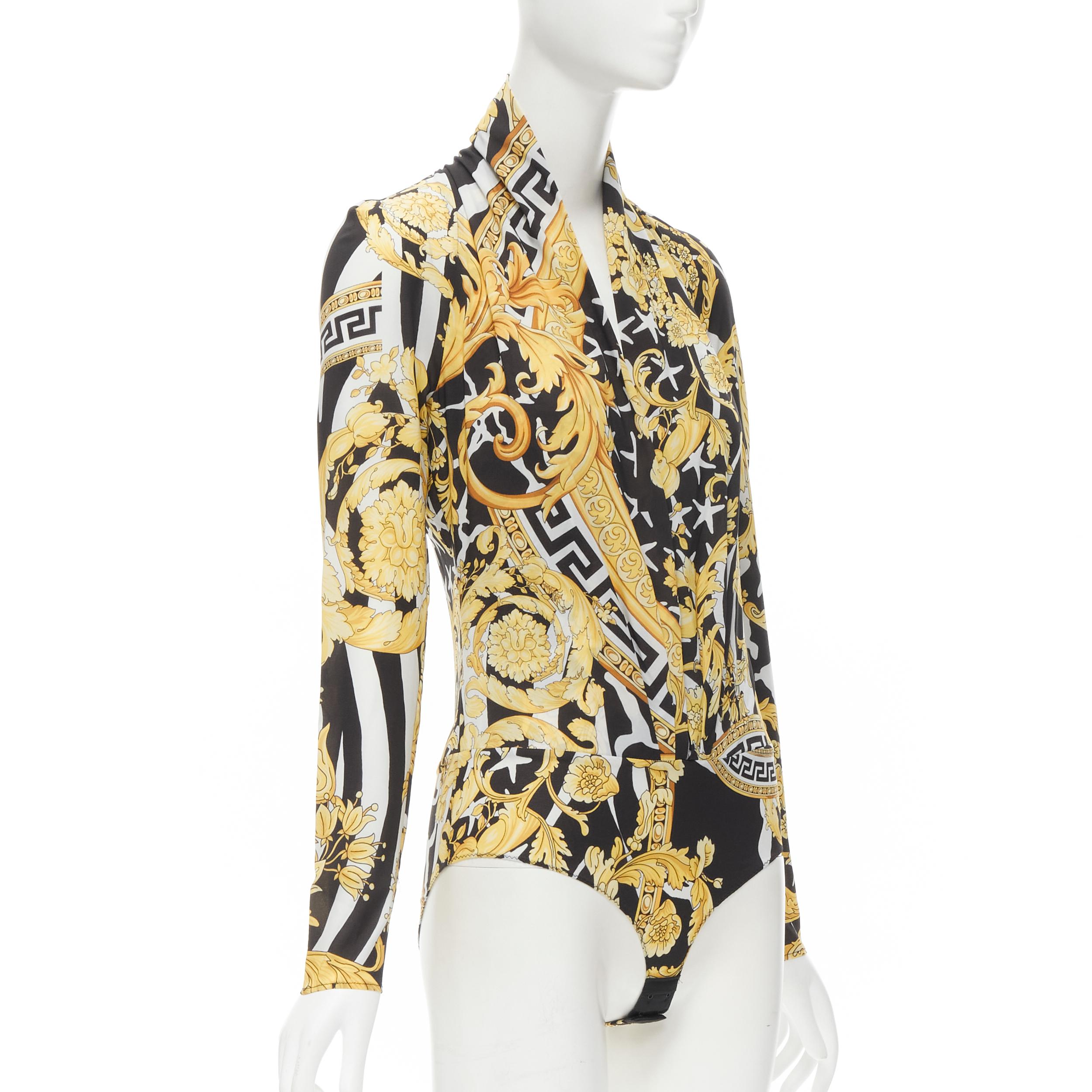 Beige new VERSACE Savage Barocco black gold plunge neck bodysuit top IT38 XS